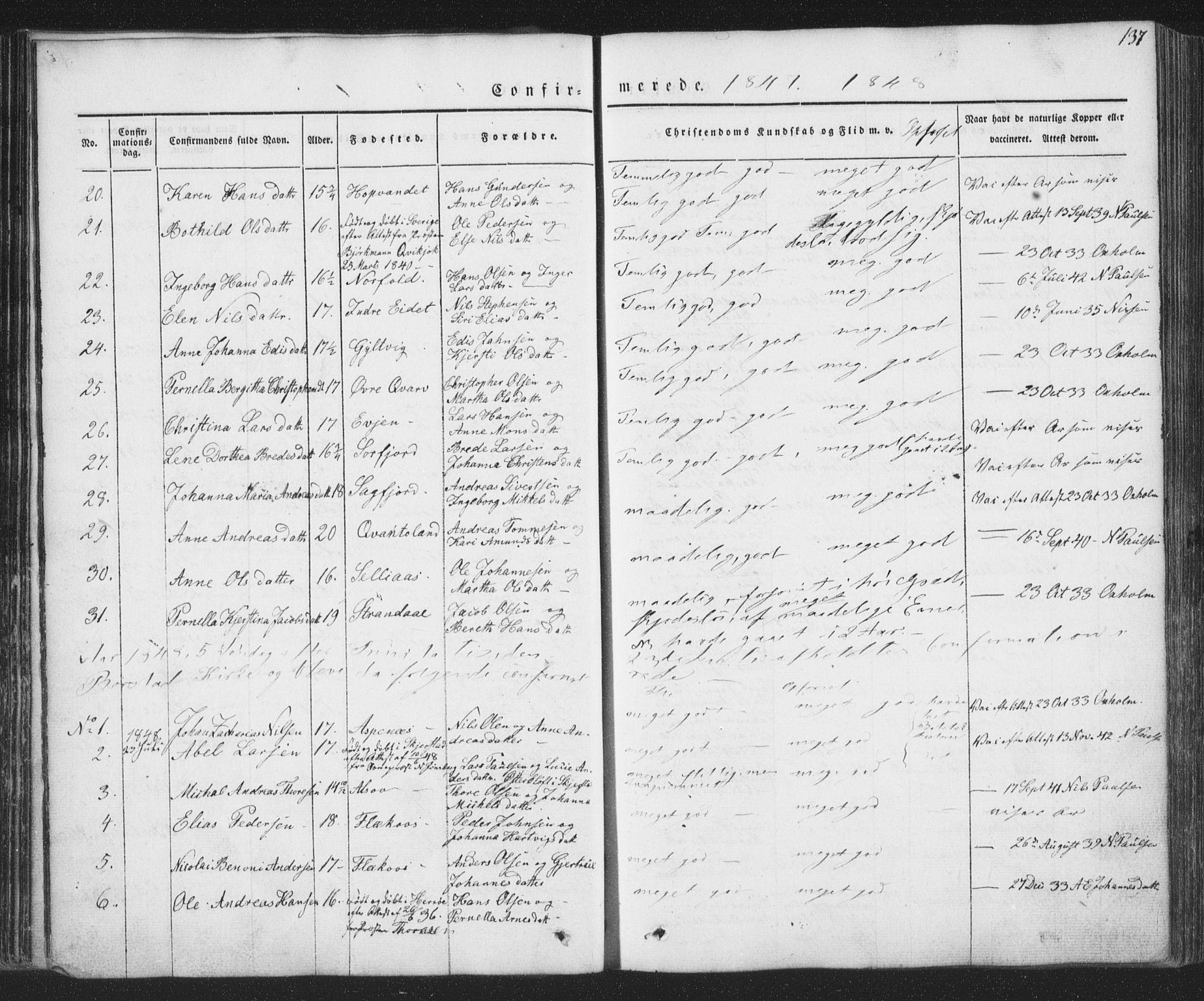 Ministerialprotokoller, klokkerbøker og fødselsregistre - Nordland, AV/SAT-A-1459/853/L0769: Parish register (official) no. 853A08, 1836-1856, p. 137