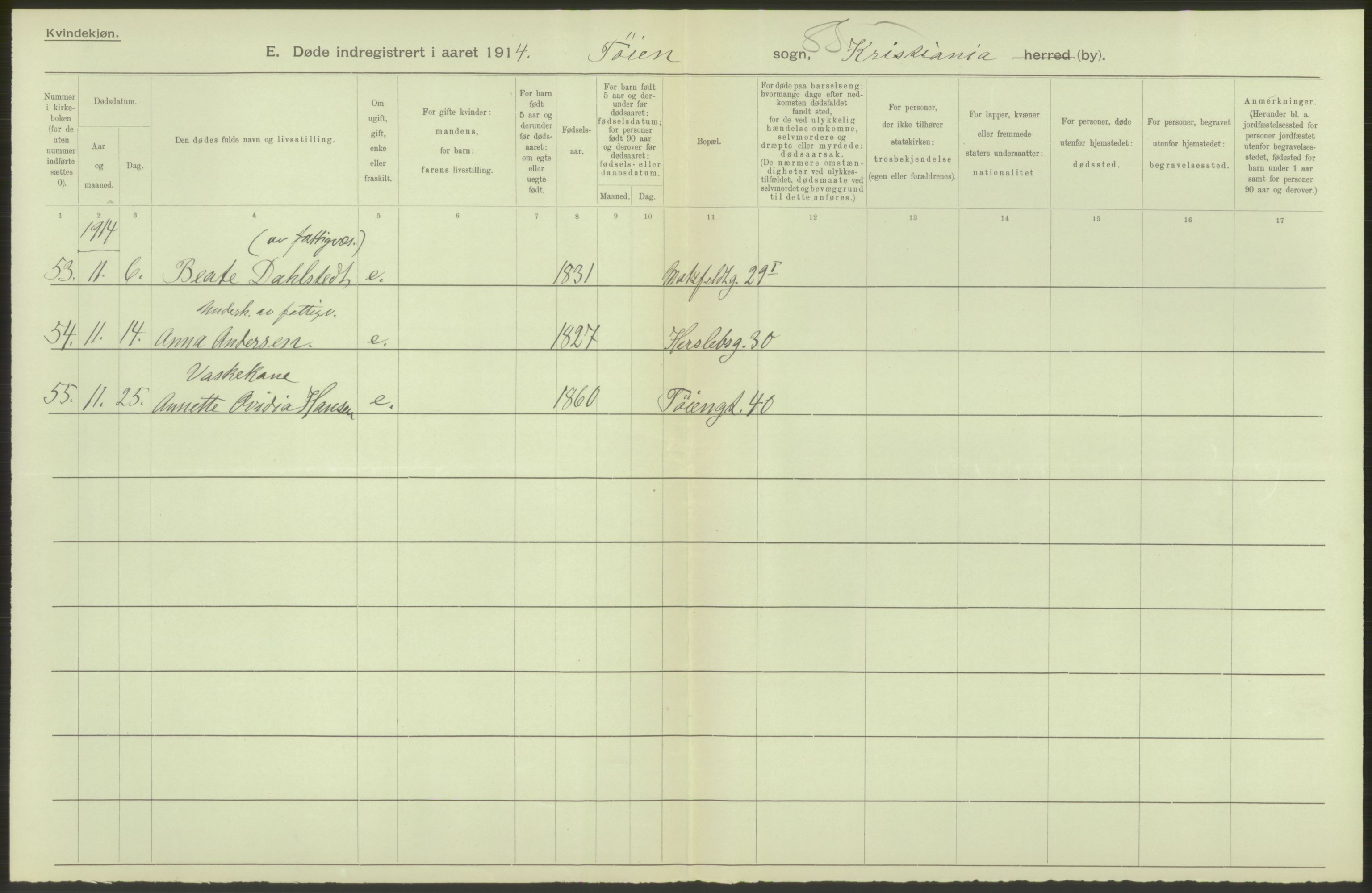 Statistisk sentralbyrå, Sosiodemografiske emner, Befolkning, AV/RA-S-2228/D/Df/Dfb/Dfbd/L0008: Kristiania: Døde, 1914, p. 96