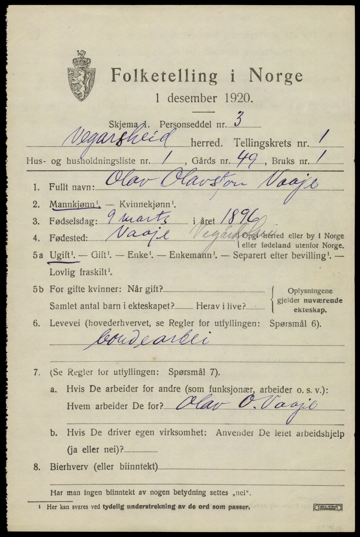 SAK, 1920 census for Vegårshei, 1920, p. 672