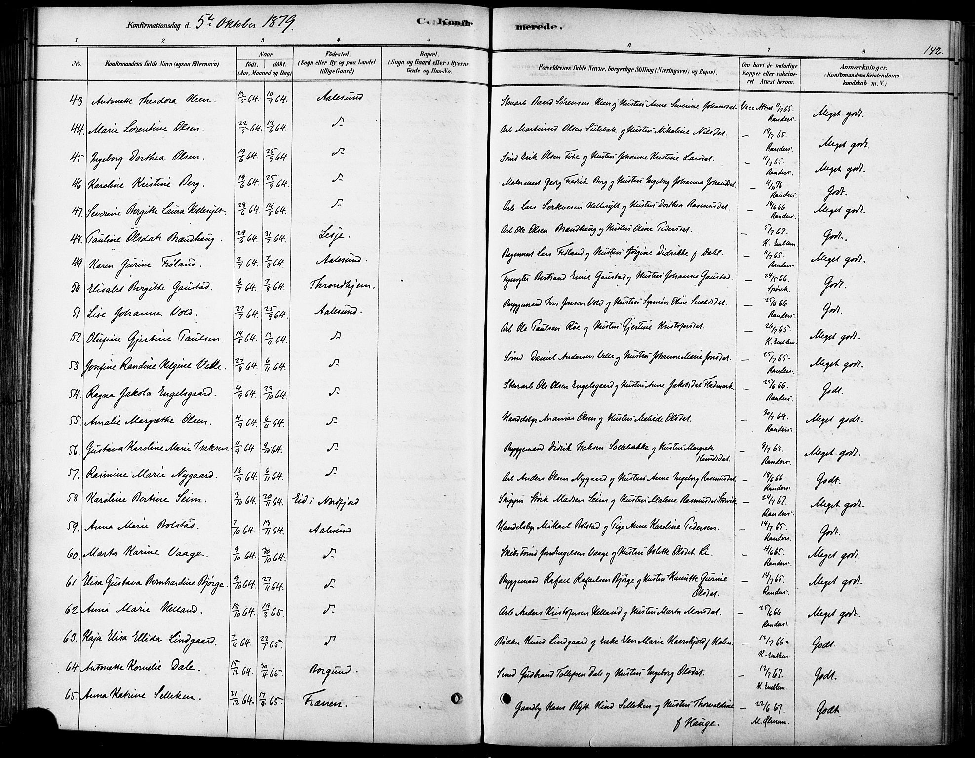 Ministerialprotokoller, klokkerbøker og fødselsregistre - Møre og Romsdal, AV/SAT-A-1454/529/L0454: Parish register (official) no. 529A04, 1878-1885, p. 142