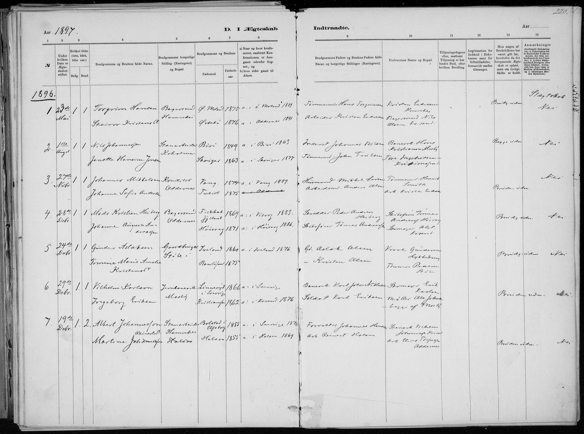 Oddernes sokneprestkontor, AV/SAK-1111-0033/F/Fa/Faa/L0009: Parish register (official) no. A 9, 1884-1896, p. 220