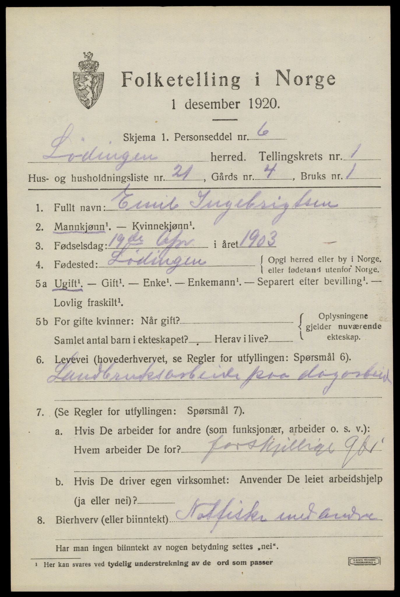 SAT, 1920 census for Lødingen, 1920, p. 1325