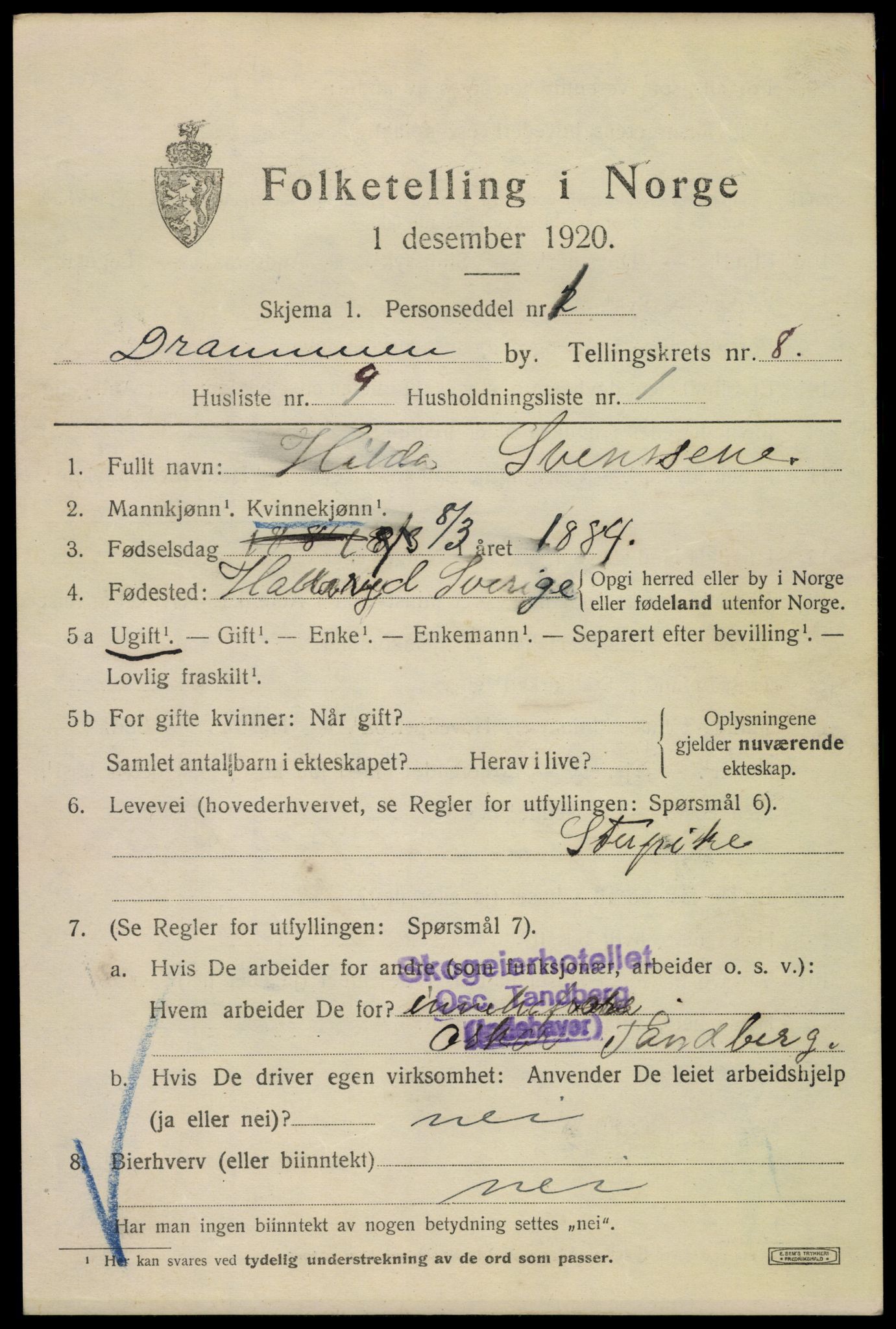 SAKO, 1920 census for Drammen, 1920, p. 53285