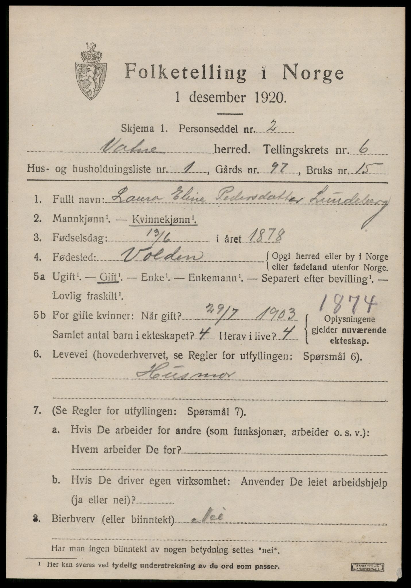 SAT, 1920 census for Vatne, 1920, p. 2694