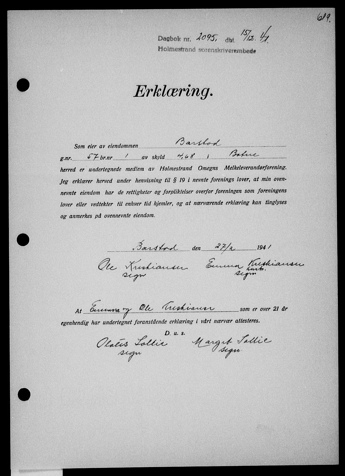 Holmestrand sorenskriveri, SAKO/A-67/G/Ga/Gaa/L0054: Mortgage book no. A-54, 1941-1942, Diary no: : 2095/1941
