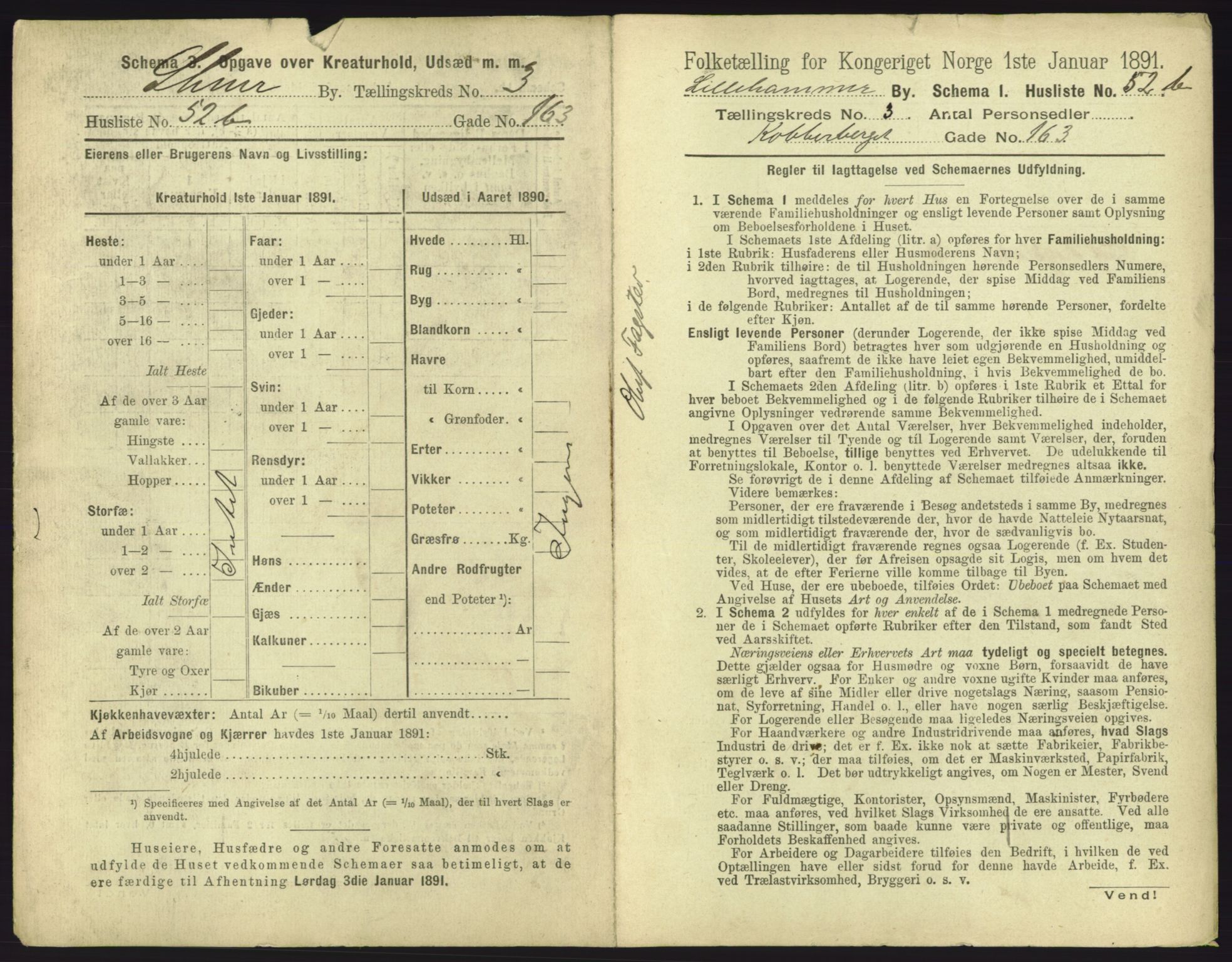 RA, 1891 census for 0501 Lillehammer, 1891, p. 525