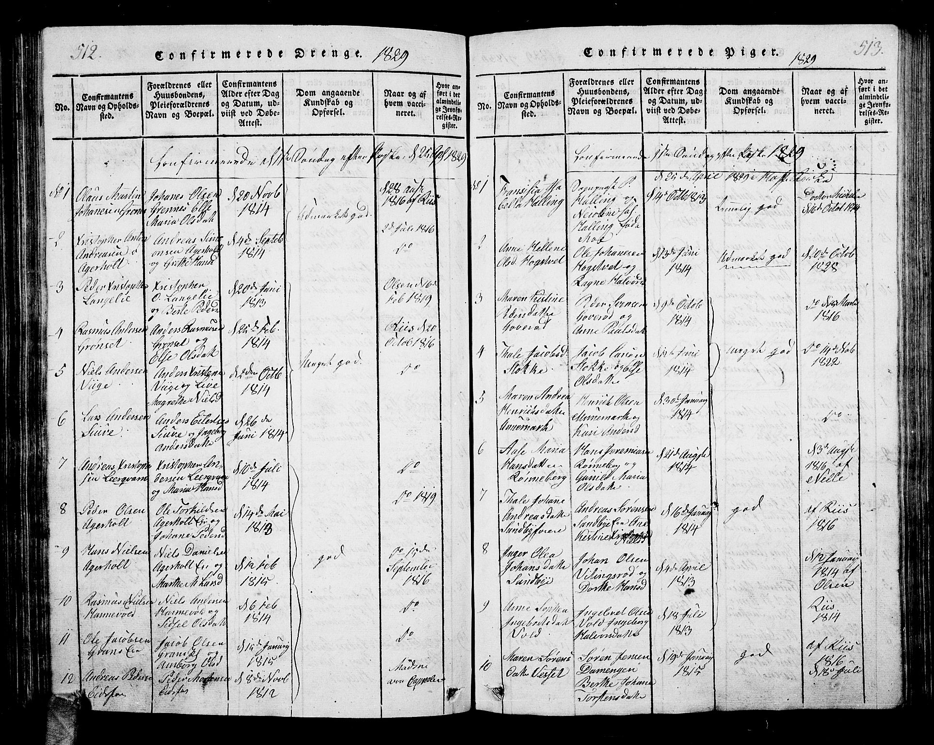 Hof kirkebøker, AV/SAKO-A-64/G/Ga/L0001: Parish register (copy) no. I 1, 1814-1844, p. 512-513