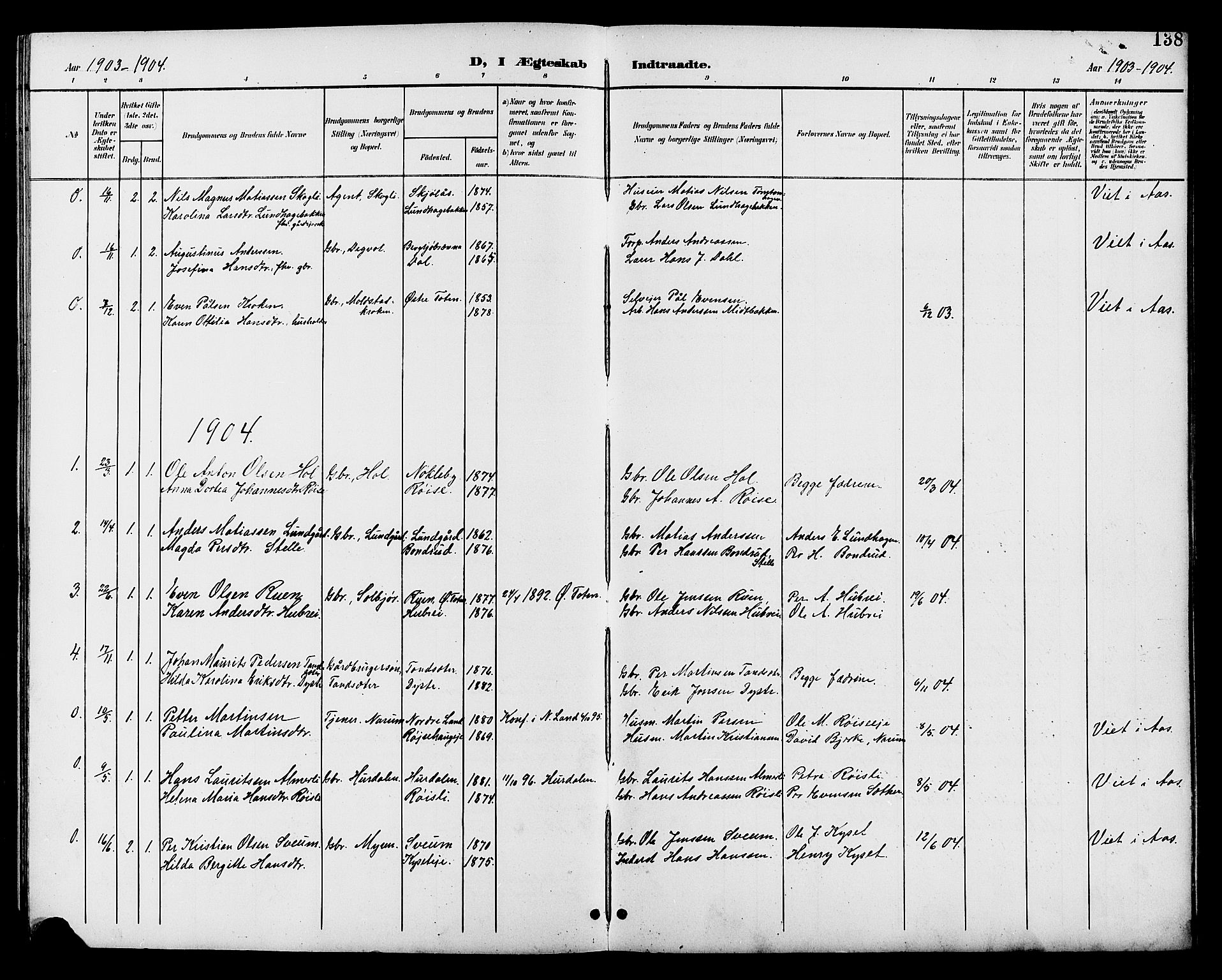 Vestre Toten prestekontor, SAH/PREST-108/H/Ha/Hab/L0011: Parish register (copy) no. 11, 1901-1911, p. 138