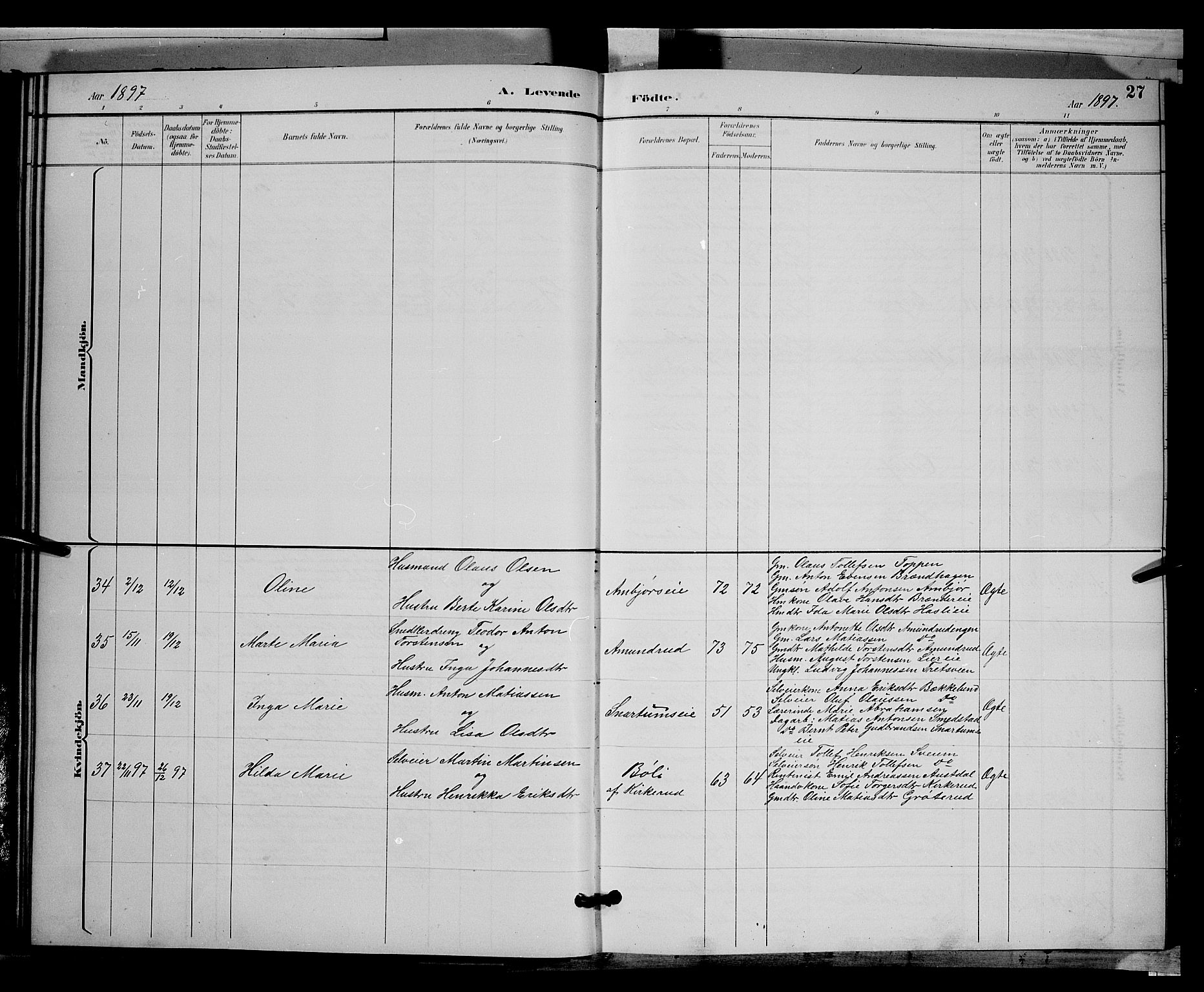 Biri prestekontor, SAH/PREST-096/H/Ha/Hab/L0003: Parish register (copy) no. 3, 1892-1905, p. 27