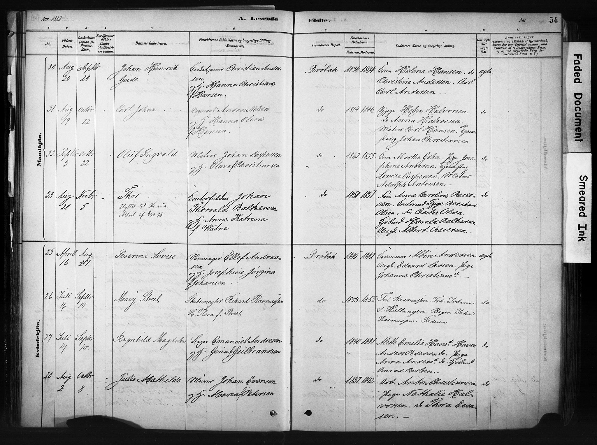 Drøbak prestekontor Kirkebøker, AV/SAO-A-10142a/F/Fb/L0001: Parish register (official) no. II 1, 1878-1891, p. 54