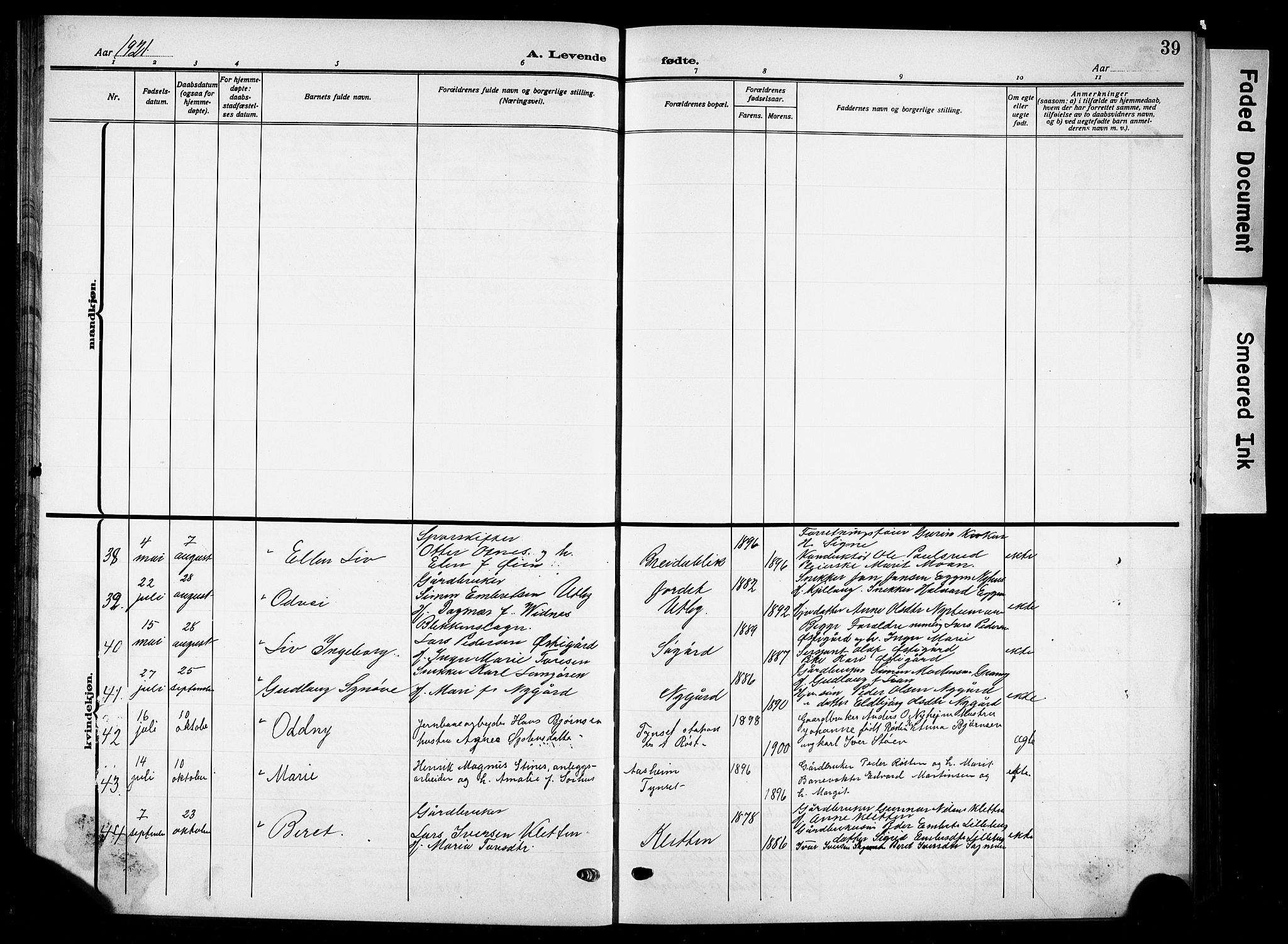 Tynset prestekontor, SAH/PREST-058/H/Ha/Hab/L0011: Parish register (copy) no. 11, 1915-1930, p. 39