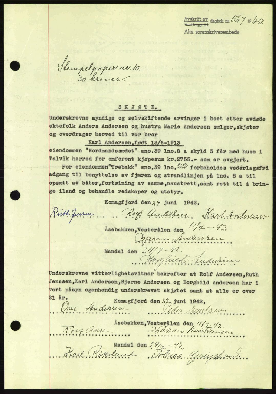 Alta fogderi/sorenskriveri, SATØ/SATØ-5/1/K/Kd/L0033pantebok: Mortgage book no. 33, 1940-1943, Diary no: : 547/1942