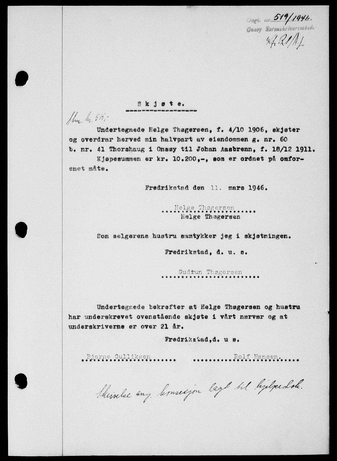 Onsøy sorenskriveri, SAO/A-10474/G/Ga/Gab/L0015: Mortgage book no. II A-15, 1945-1946, Diary no: : 519/1946