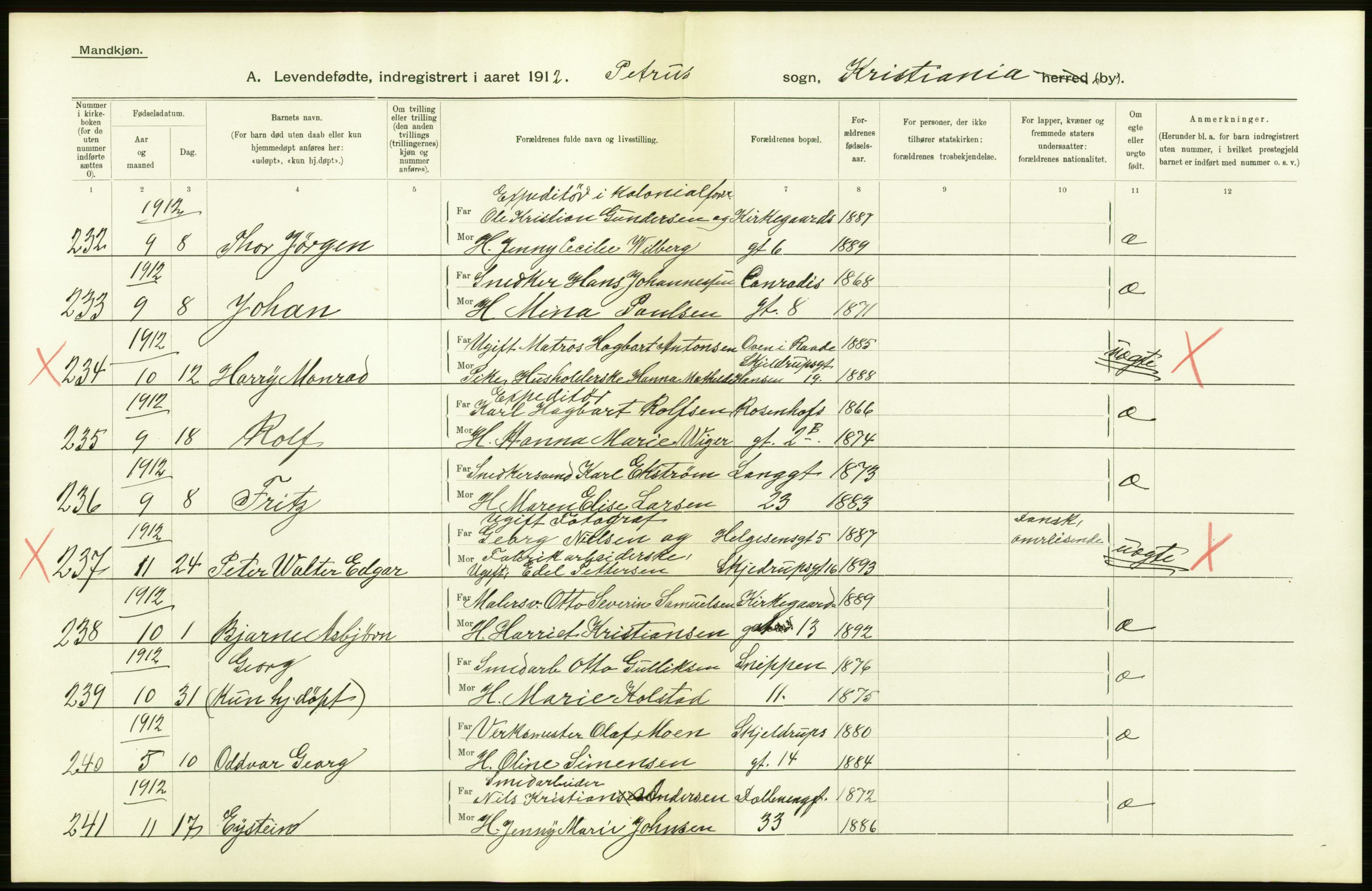 Statistisk sentralbyrå, Sosiodemografiske emner, Befolkning, AV/RA-S-2228/D/Df/Dfb/Dfbb/L0006: Kristiania:  Levendefødte menn og kvinner., 1912, p. 494