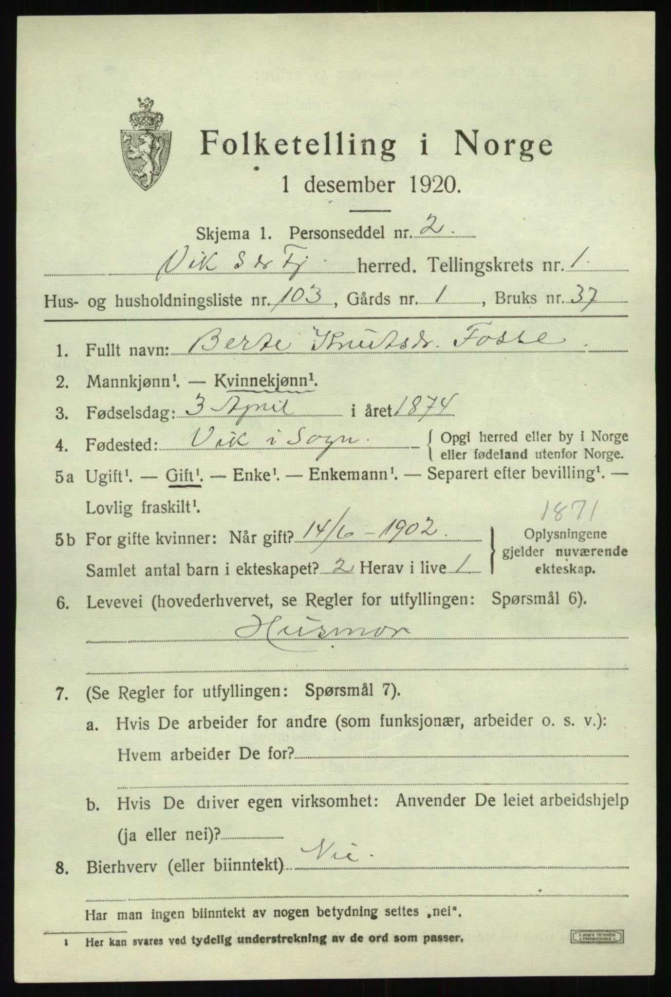 SAB, 1920 census for Vik, 1920, p. 2091