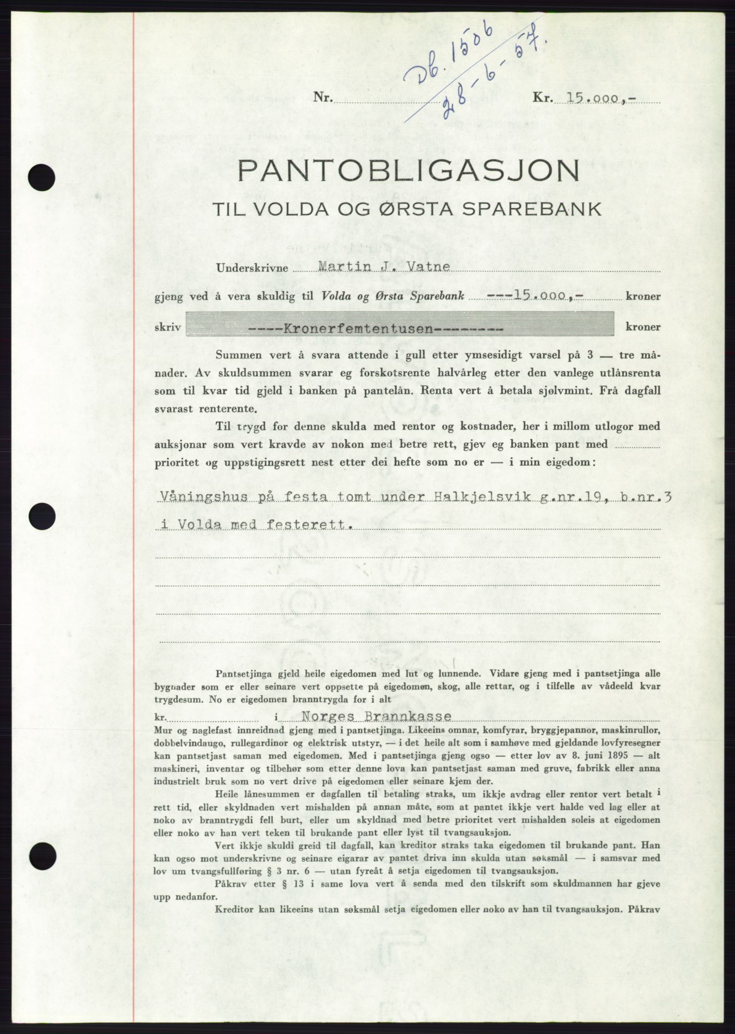 Søre Sunnmøre sorenskriveri, AV/SAT-A-4122/1/2/2C/L0130: Mortgage book no. 18B, 1957-1958, Diary no: : 1506/1957