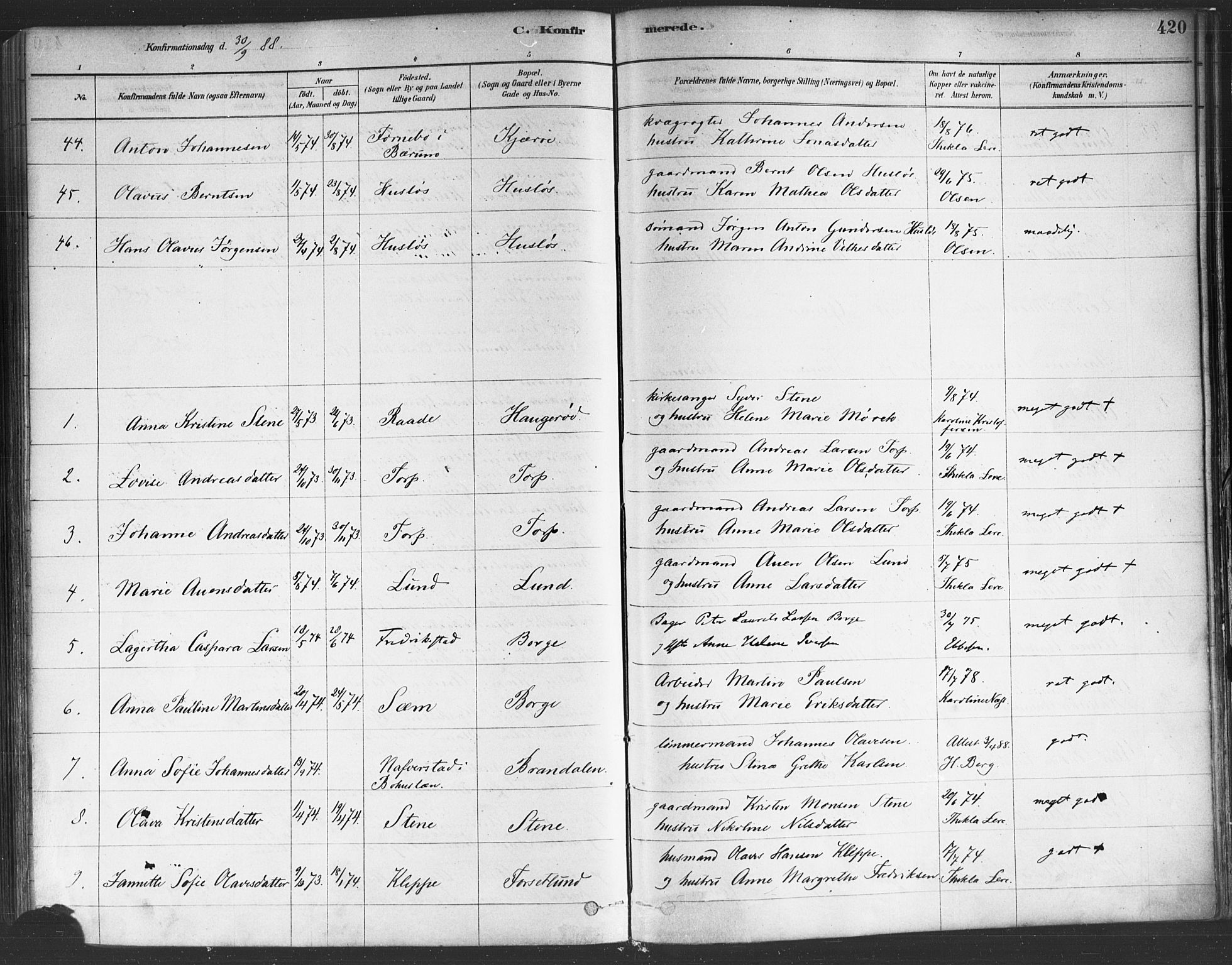 Onsøy prestekontor Kirkebøker, AV/SAO-A-10914/F/Fa/L0005: Parish register (official) no. I 5, 1878-1898, p. 420