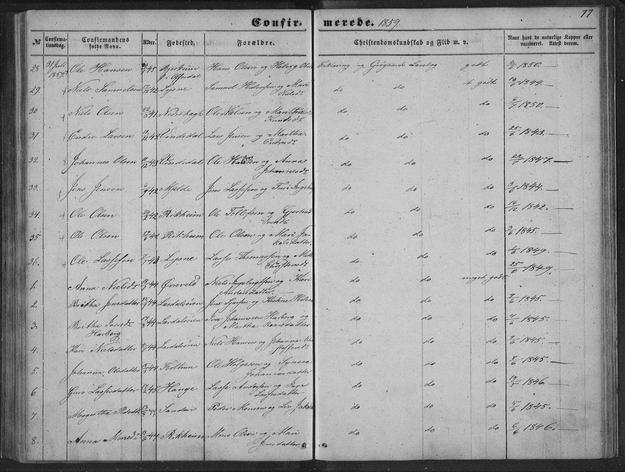 Lærdal sokneprestembete, SAB/A-81201: Parish register (official) no. A 13, 1847-1864, p. 77