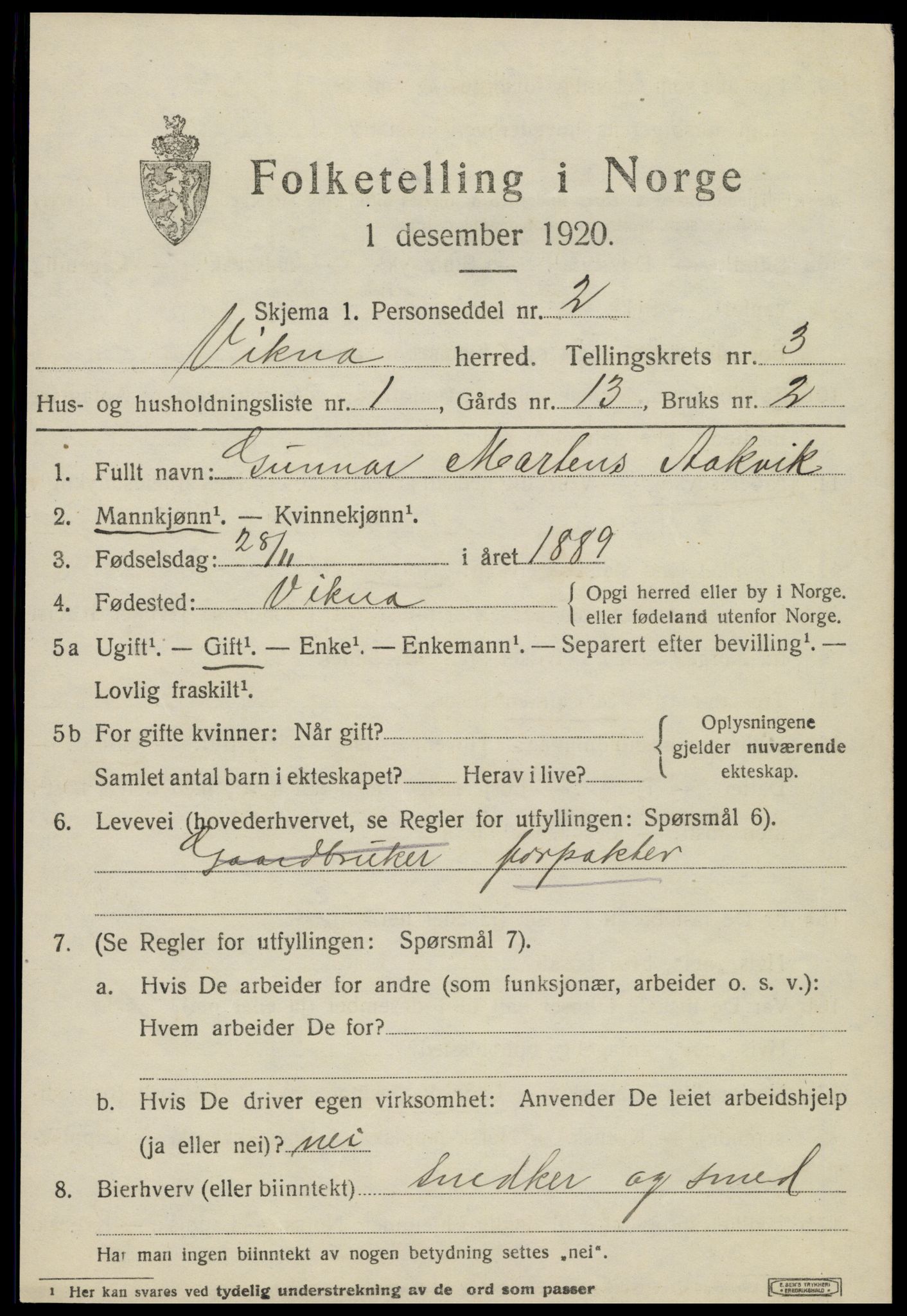 SAT, 1920 census for Vikna, 1920, p. 3265