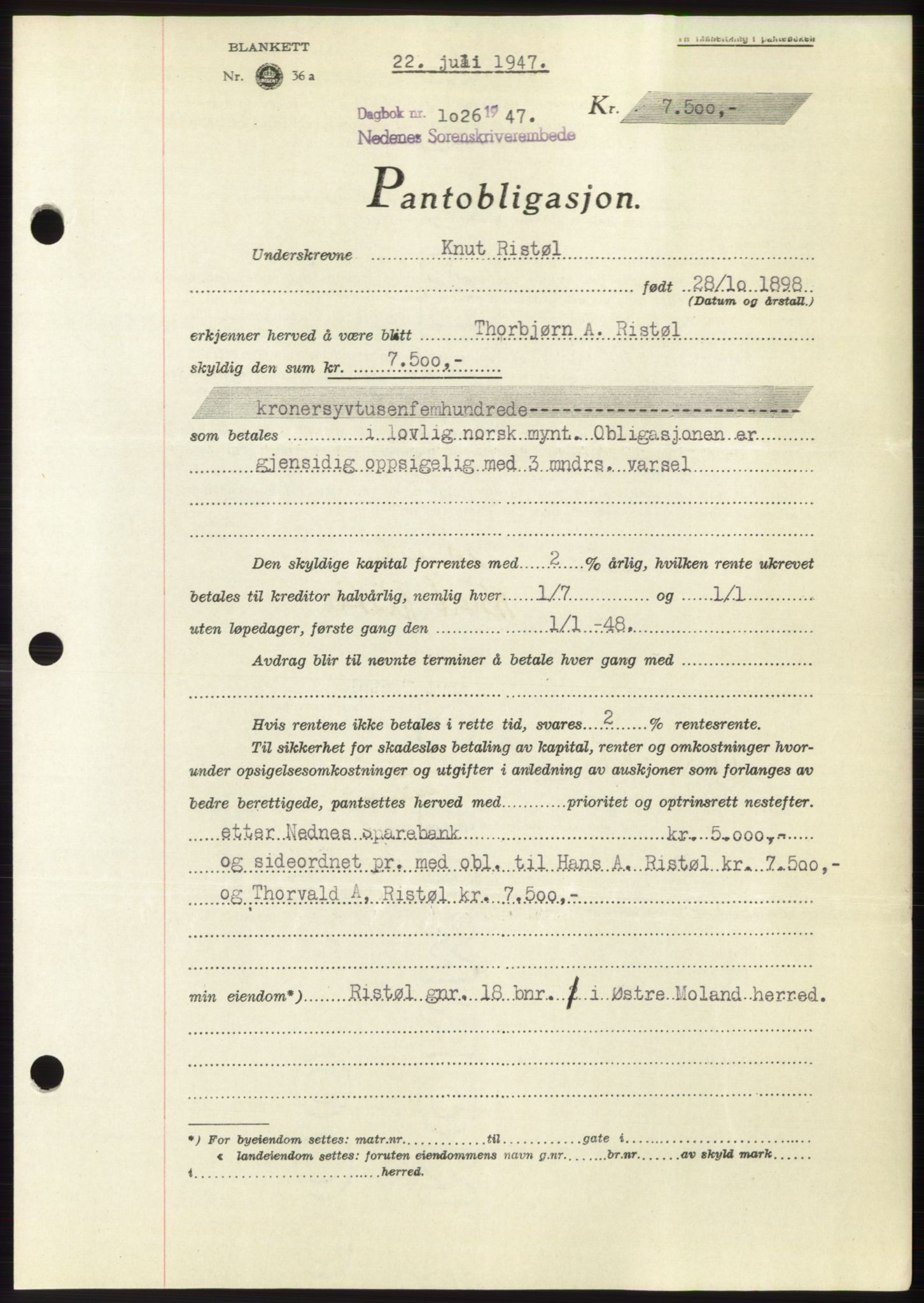 Nedenes sorenskriveri, AV/SAK-1221-0006/G/Gb/Gbb/L0004: Mortgage book no. B4, 1947-1947, Diary no: : 1026/1947