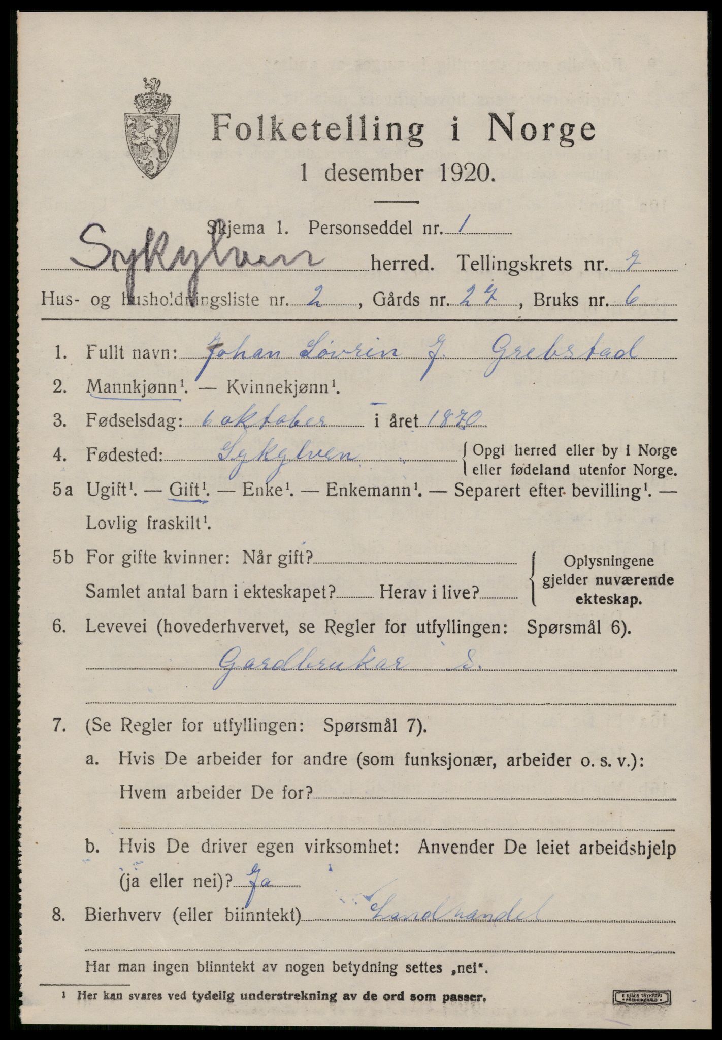 SAT, 1920 census for Sykkylven, 1920, p. 4019