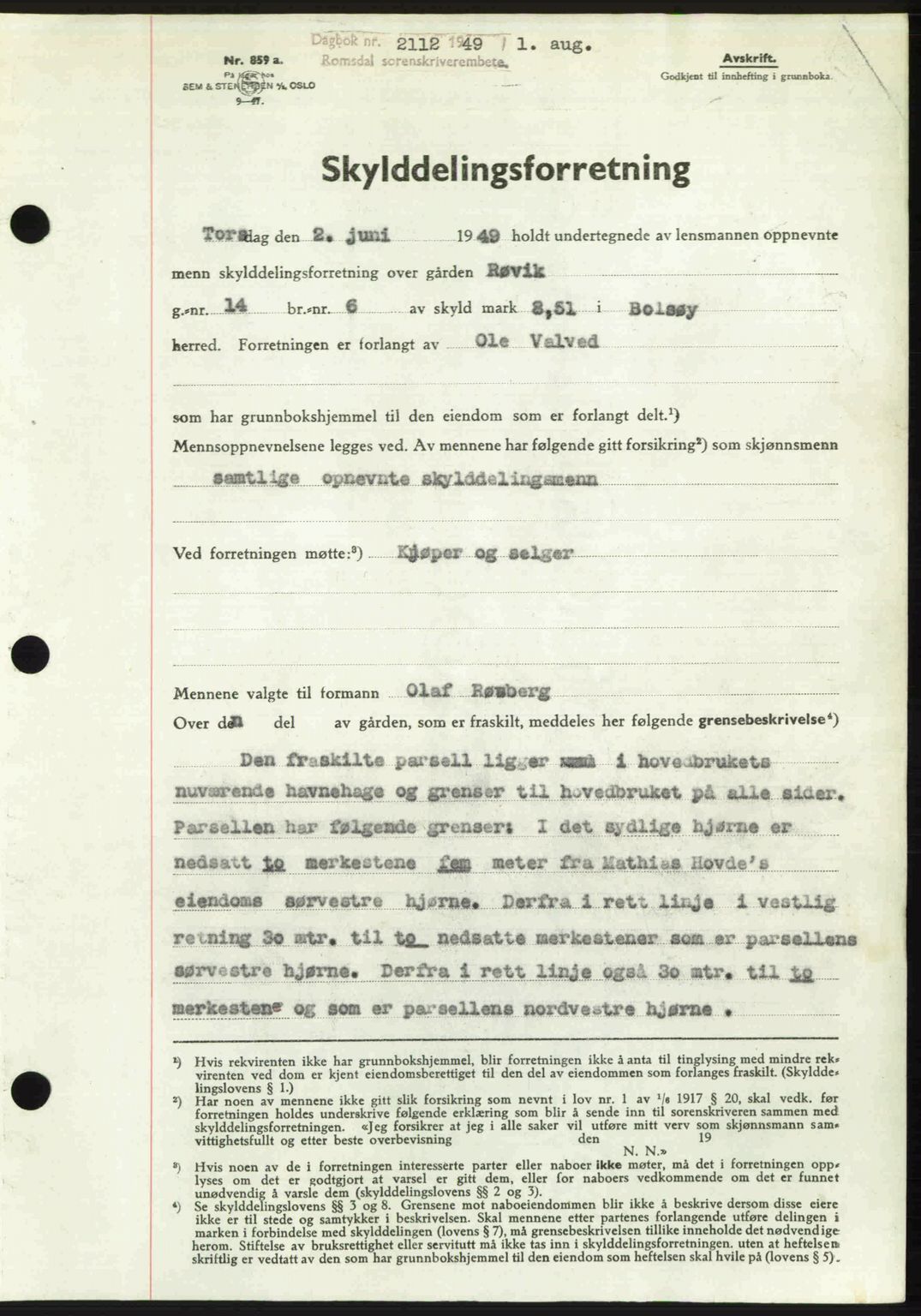 Romsdal sorenskriveri, AV/SAT-A-4149/1/2/2C: Mortgage book no. A30, 1949-1949, Diary no: : 2112/1949