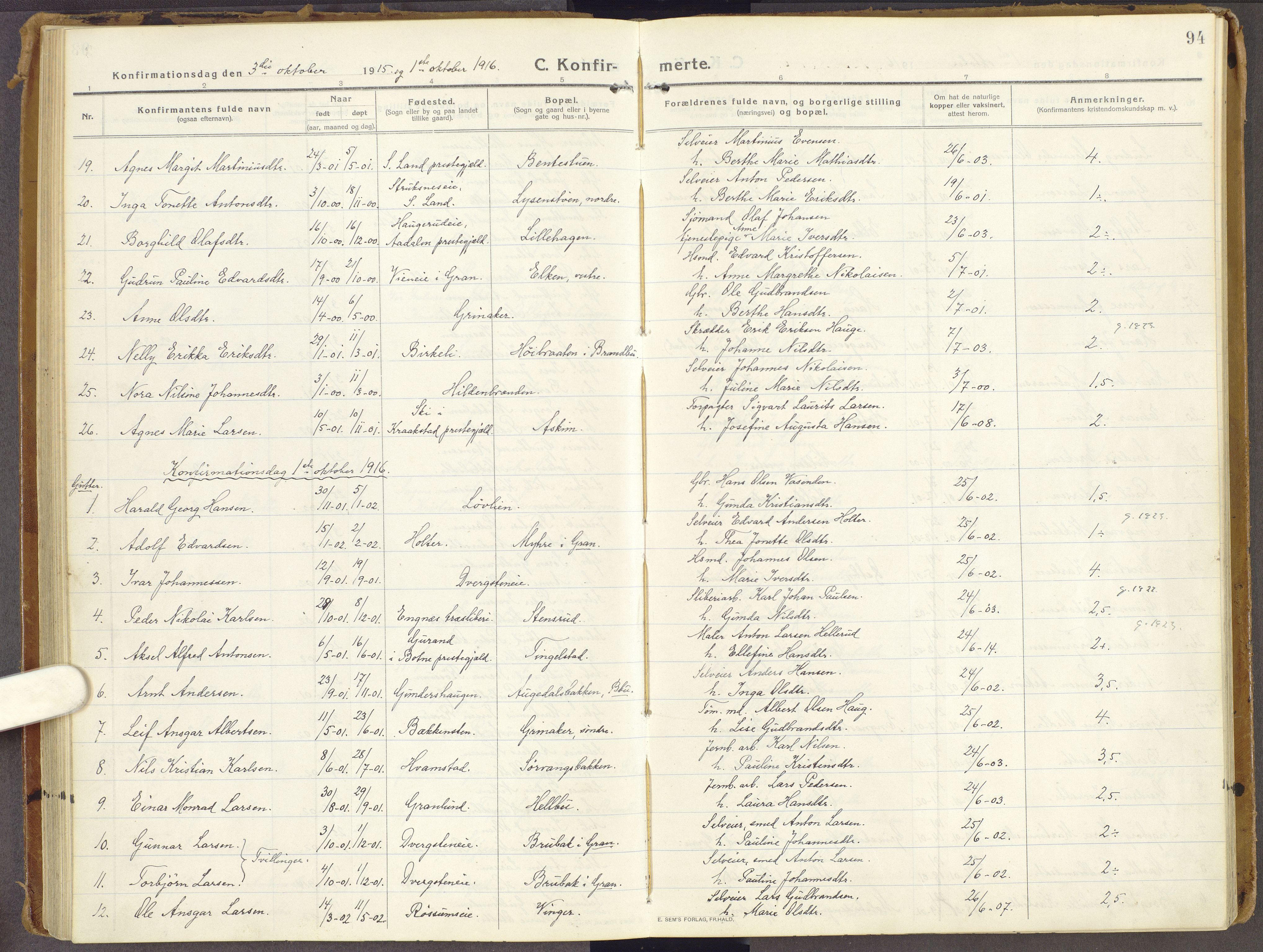 Brandbu prestekontor, SAH/PREST-114/H/Ha/Haa/L0003: Parish register (official) no. 3, 1914-1928, p. 94