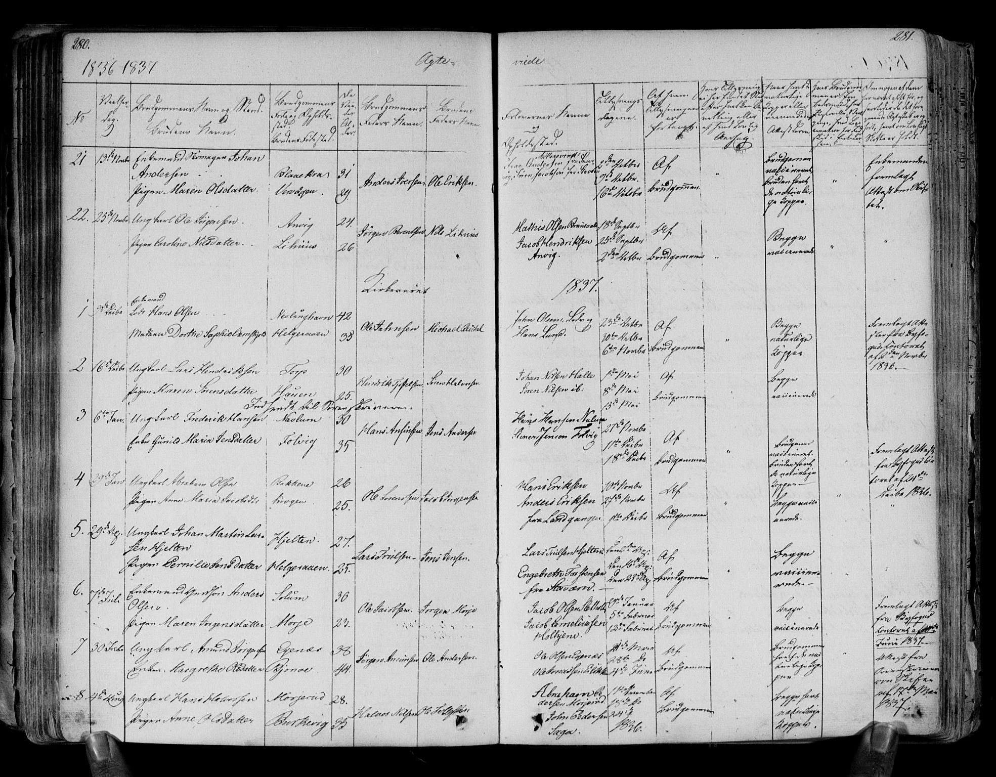 Brunlanes kirkebøker, AV/SAKO-A-342/F/Fa/L0003: Parish register (official) no. I 3, 1834-1845, p. 280-281