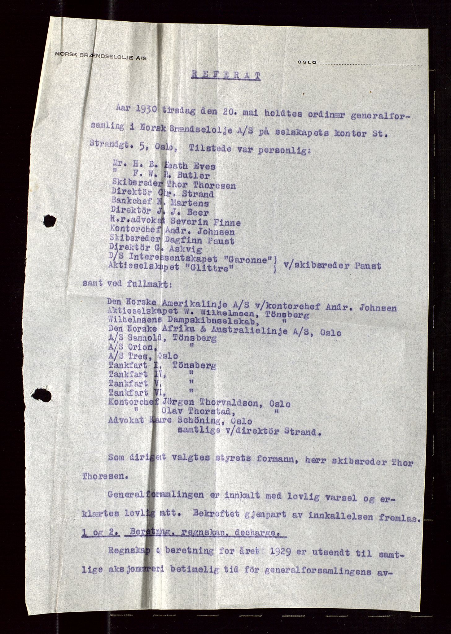 PA 1544 - Norsk Brændselolje A/S, AV/SAST-A-101965/1/A/Aa/L0001/0003: Generalforsamlinger. Beretning og regnskap.  / Generalforsamling 1929. 1930. 1931, 1929-1931, p. 26
