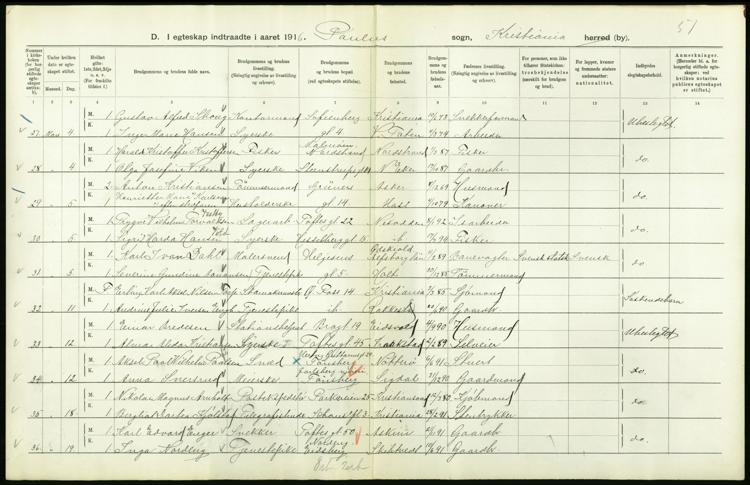 Statistisk sentralbyrå, Sosiodemografiske emner, Befolkning, RA/S-2228/D/Df/Dfb/Dfbf/L0008: Kristiania: Gifte, 1916, p. 728