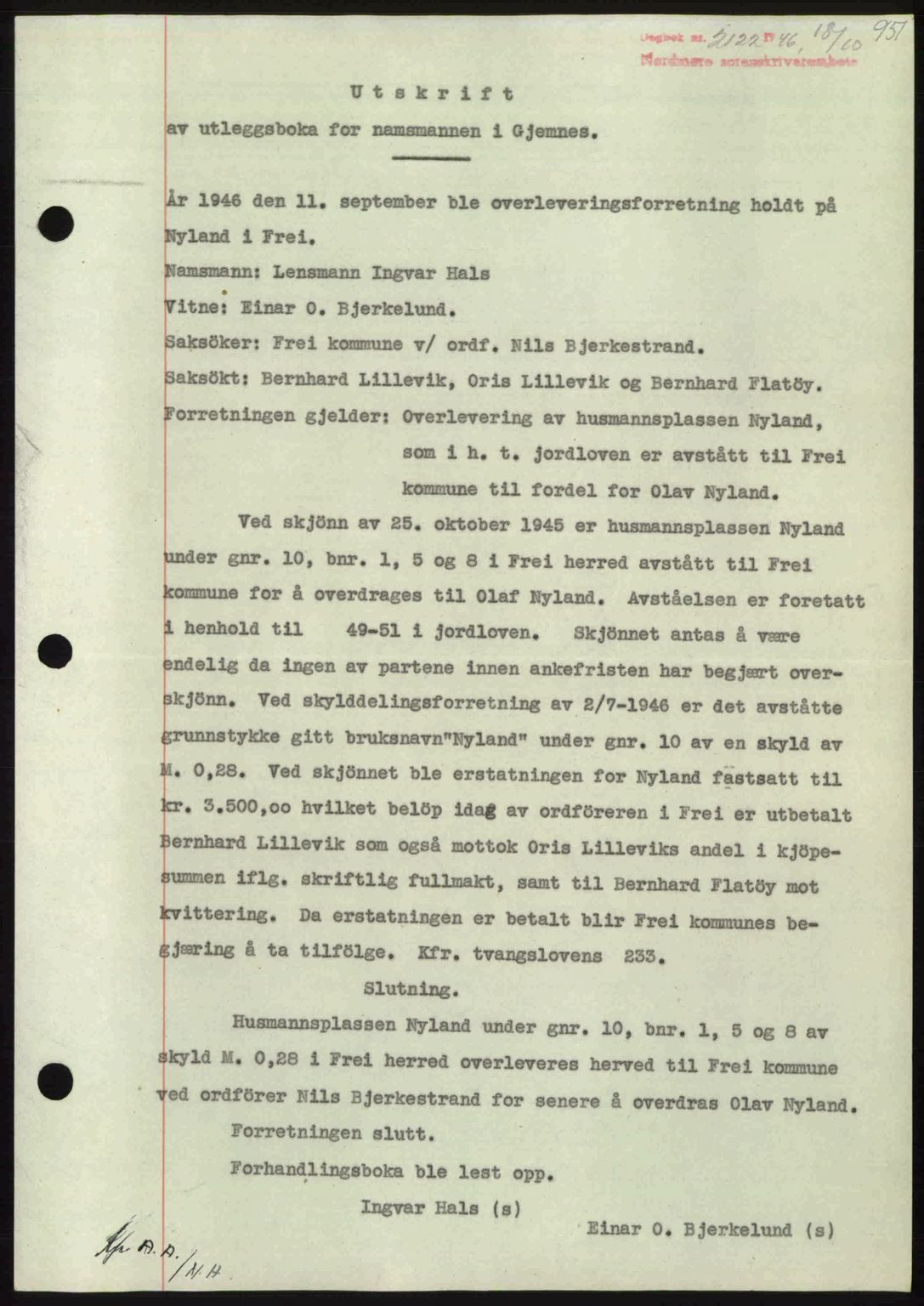 Nordmøre sorenskriveri, AV/SAT-A-4132/1/2/2Ca: Mortgage book no. A102, 1946-1946, Diary no: : 2122/1946