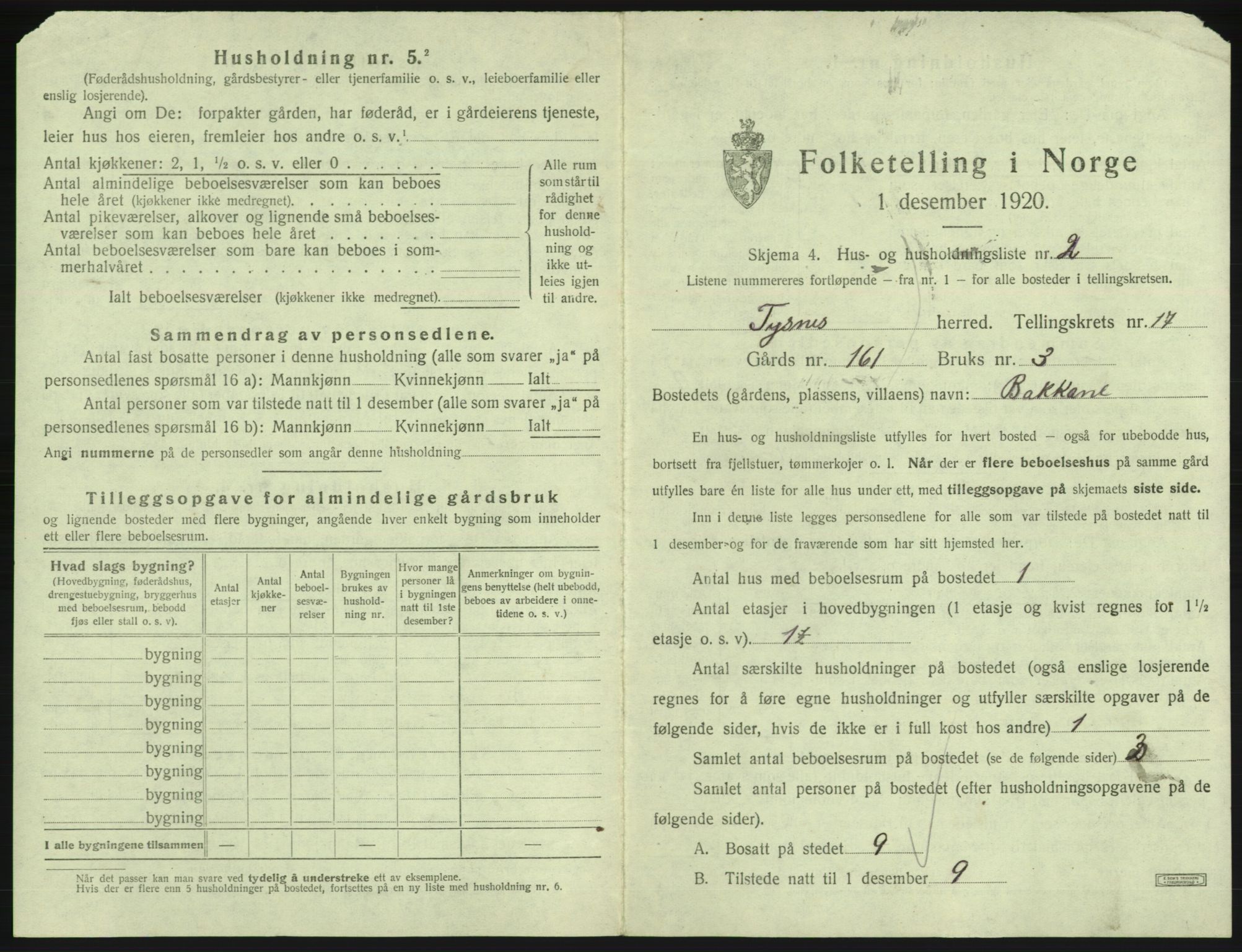 SAB, 1920 census for Tysnes, 1920, p. 1600