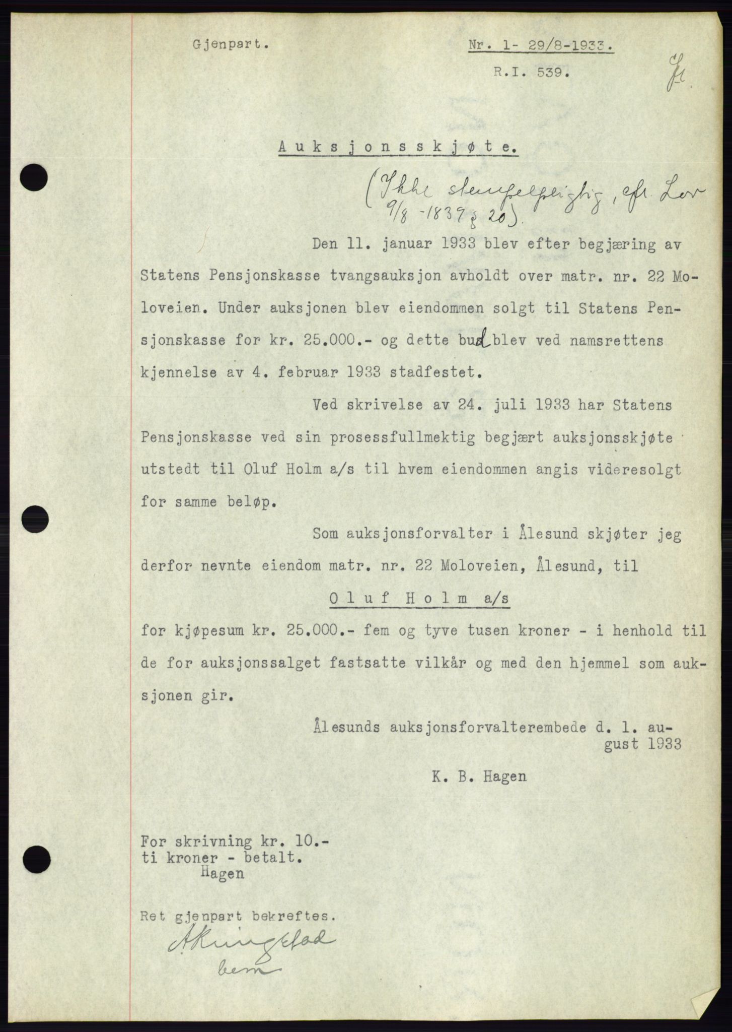 Ålesund byfogd, AV/SAT-A-4384: Mortgage book no. 31, 1933-1934, Deed date: 29.08.1933