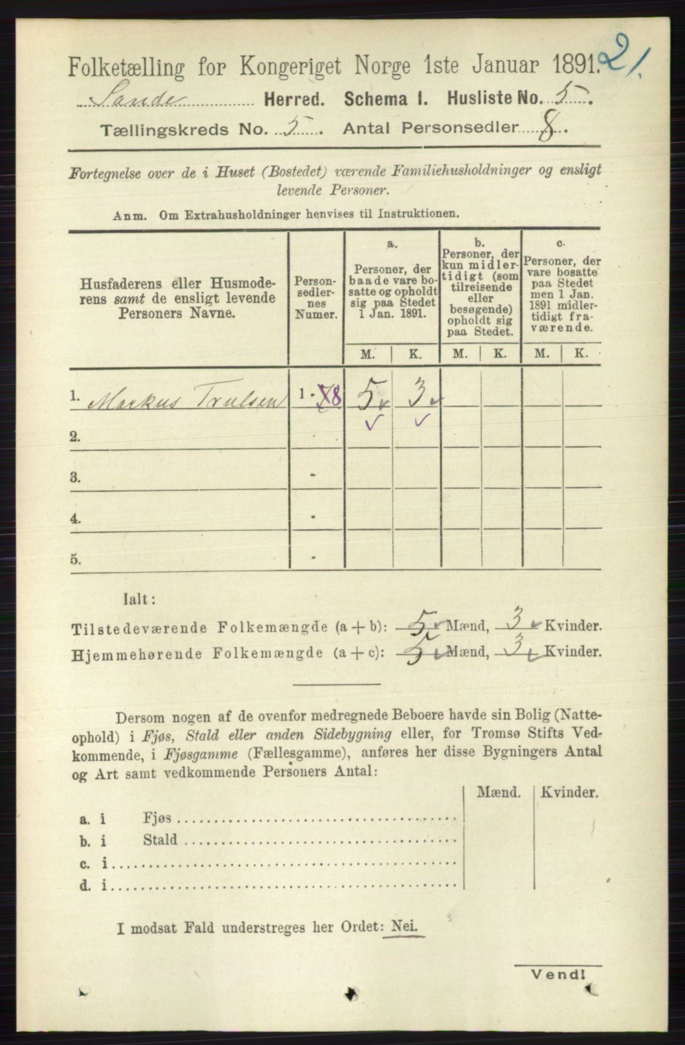 RA, 1891 census for 0713 Sande, 1891, p. 2063