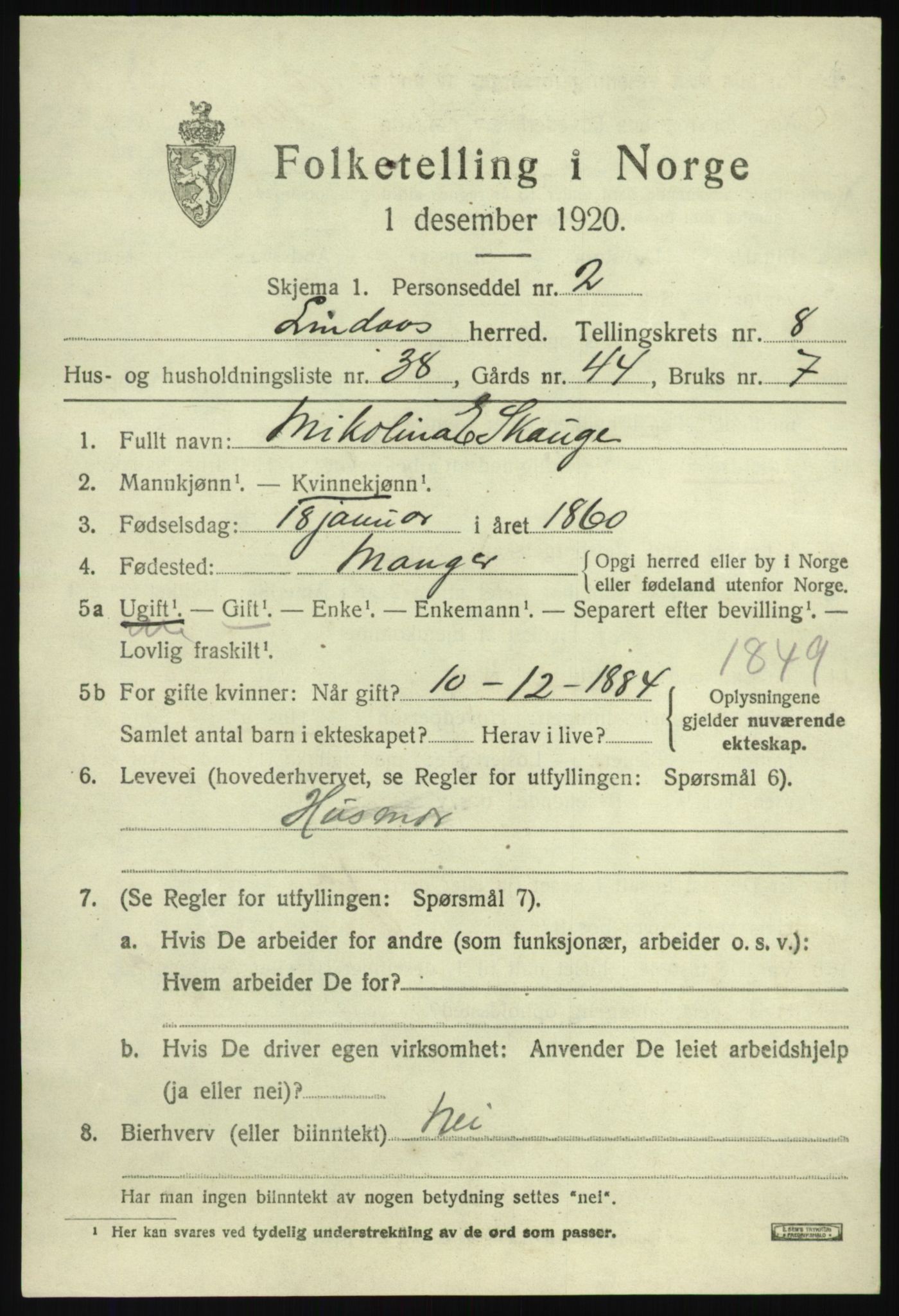 SAB, 1920 census for Lindås, 1920, p. 4761