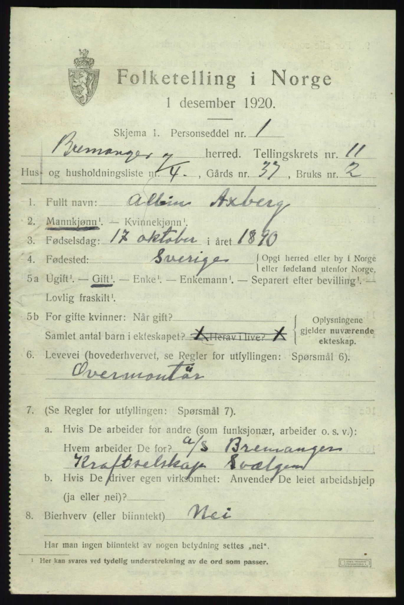 SAB, 1920 census for Bremanger, 1920, p. 5818