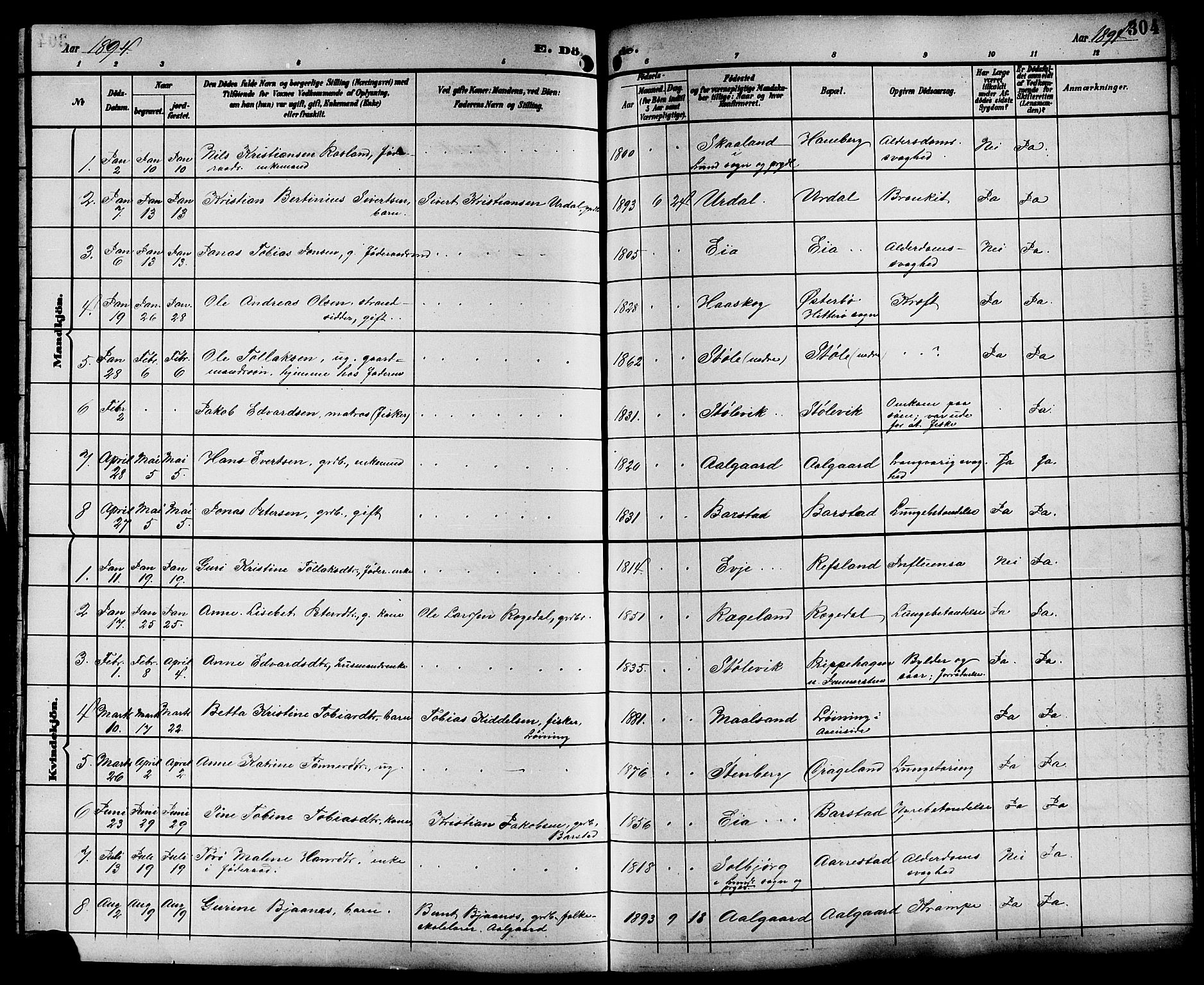 Sokndal sokneprestkontor, SAST/A-101808: Parish register (copy) no. B 6, 1892-1907, p. 304