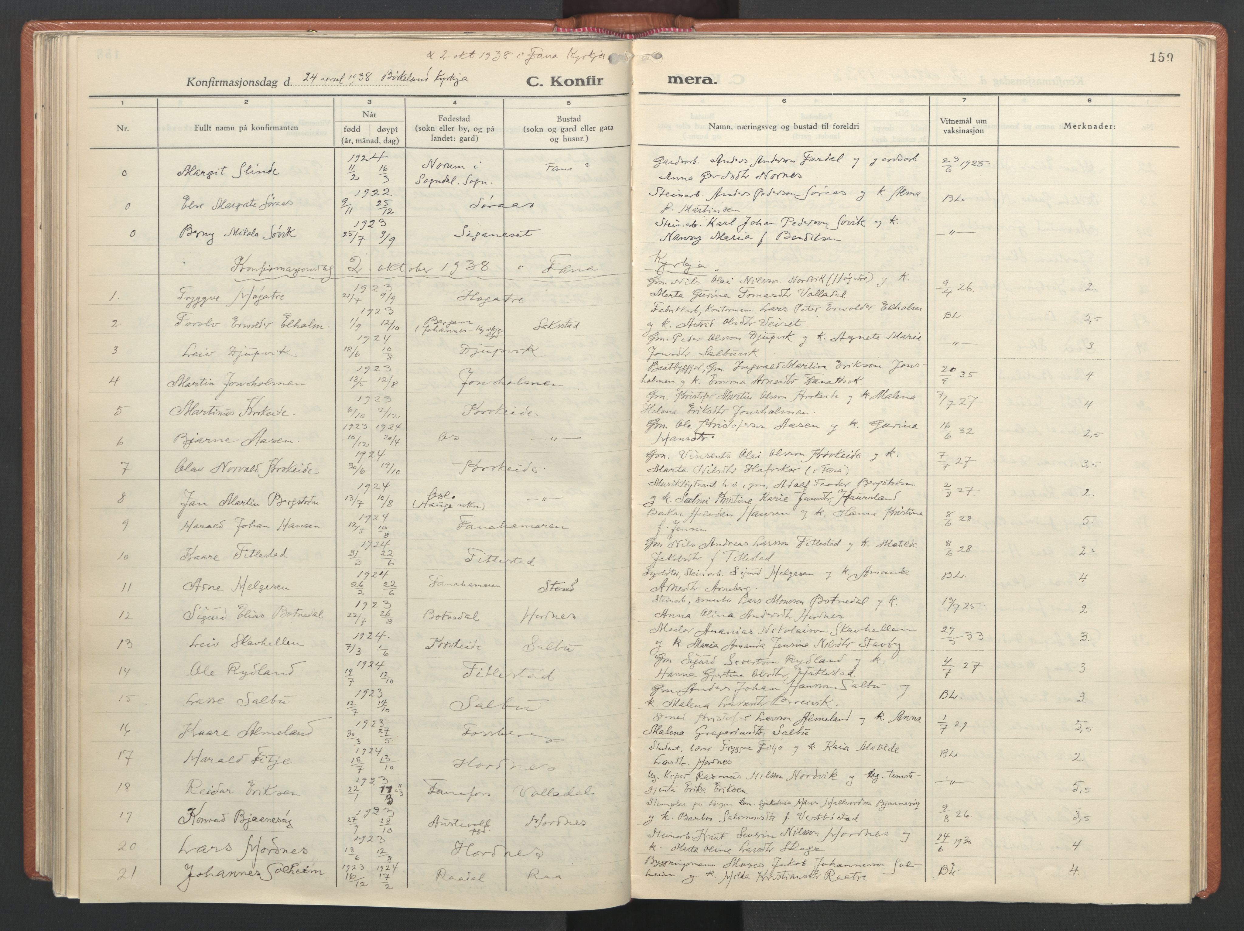 Fana Sokneprestembete, AV/SAB-A-75101/H/Haa/Haab/L0007: Parish register (official) no. B 7, 1934-1947, p. 159