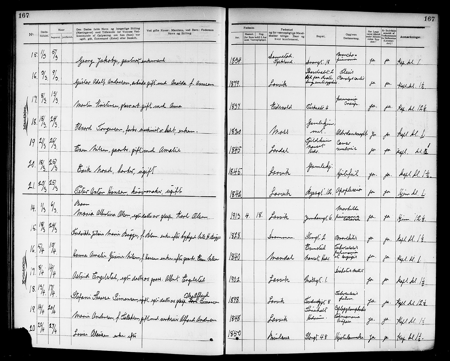 Larvik kirkebøker, AV/SAKO-A-352/G/Ga/L0007: Parish register (copy) no. I 7, 1888-1918, p. 167