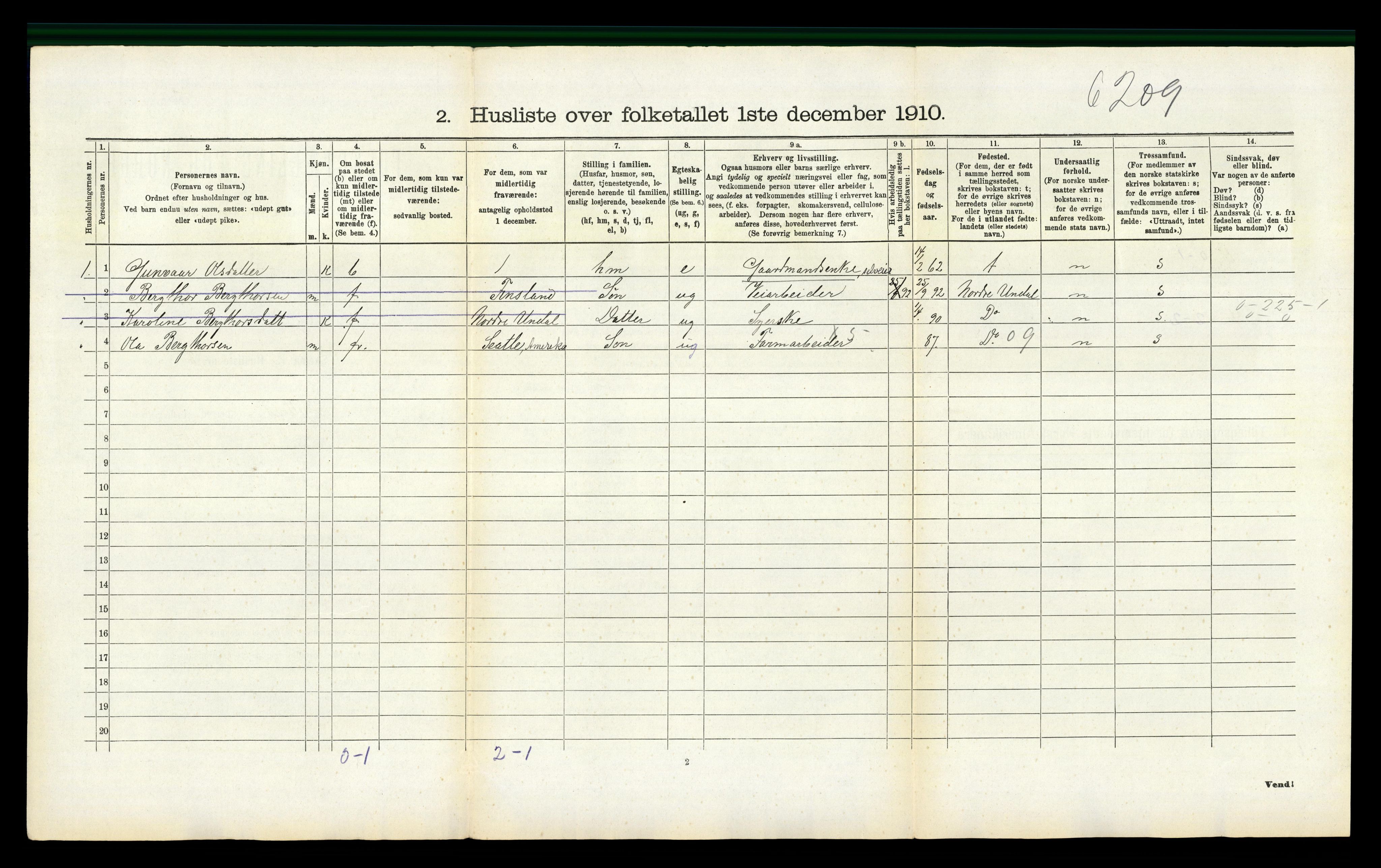 RA, 1910 census for Bjelland, 1910, p. 341