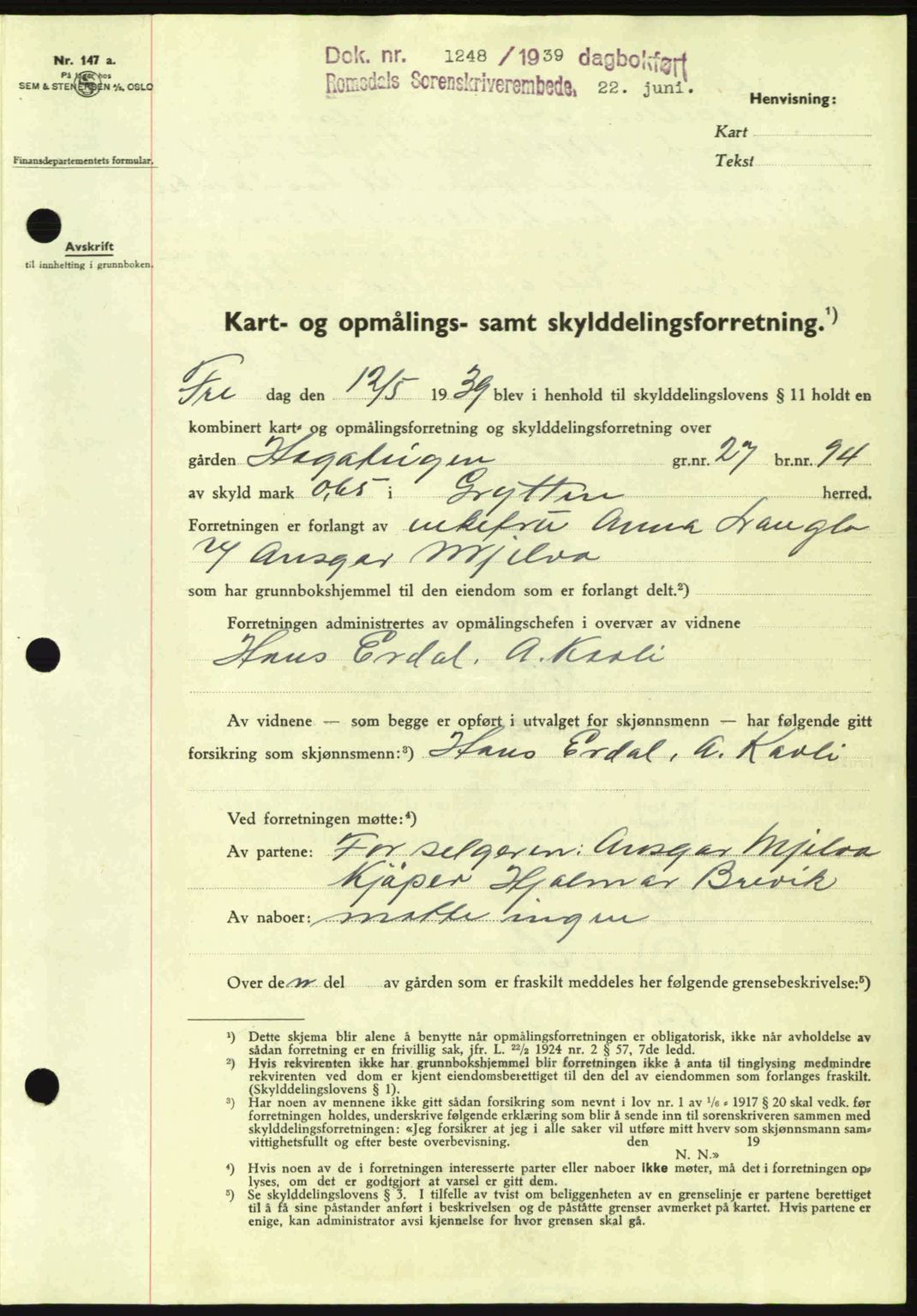 Romsdal sorenskriveri, AV/SAT-A-4149/1/2/2C: Mortgage book no. A7, 1939-1939, Diary no: : 1248/1939