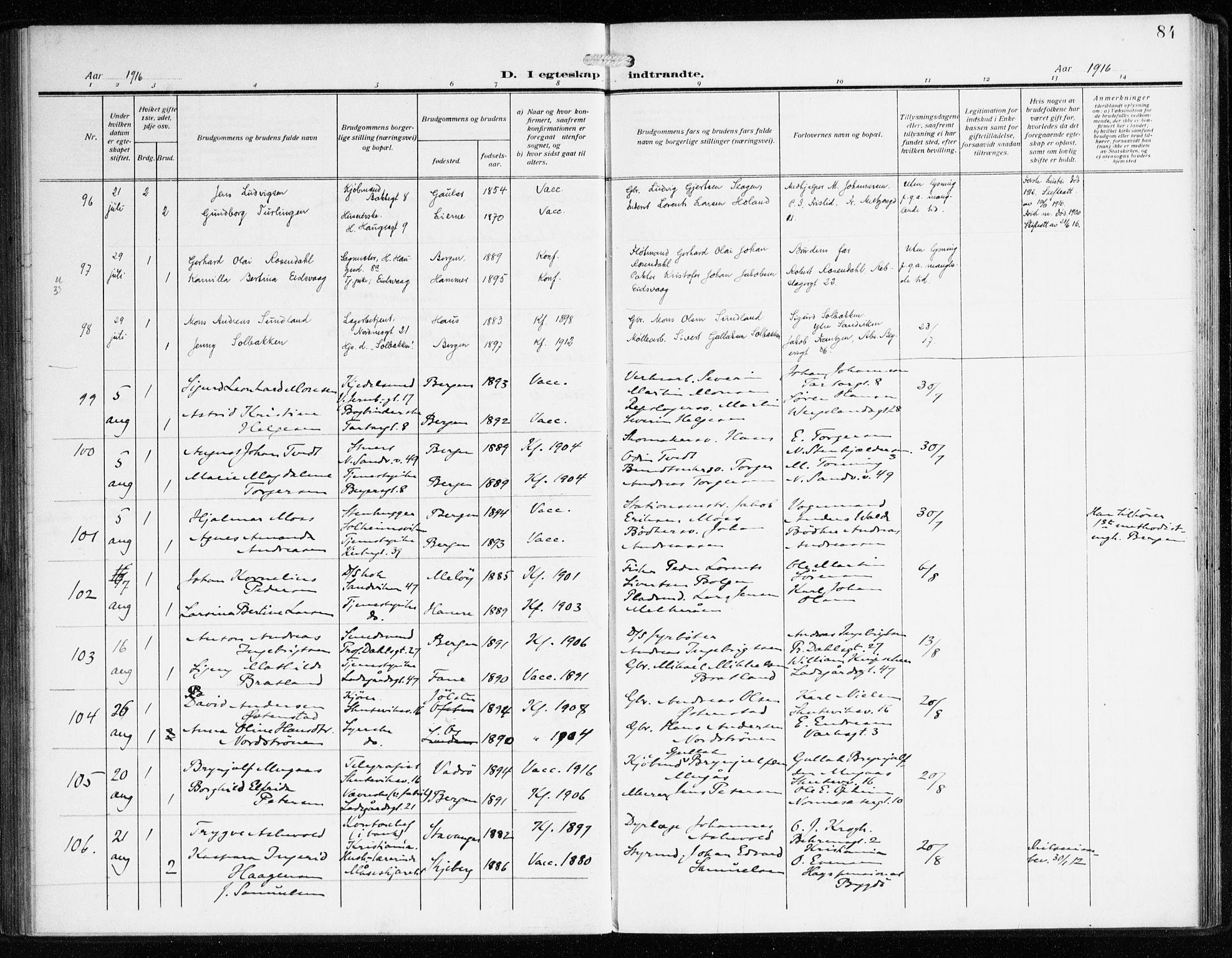 Sandviken Sokneprestembete, AV/SAB-A-77601/H/Ha/L0015: Parish register (official) no. D 2, 1911-1923, p. 84