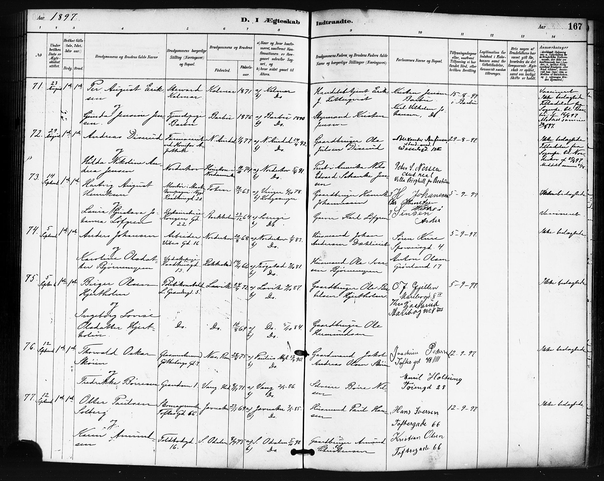 Oslo domkirke Kirkebøker, SAO/A-10752/F/Fa/L0032: Parish register (official) no. 32, 1885-1902, p. 167