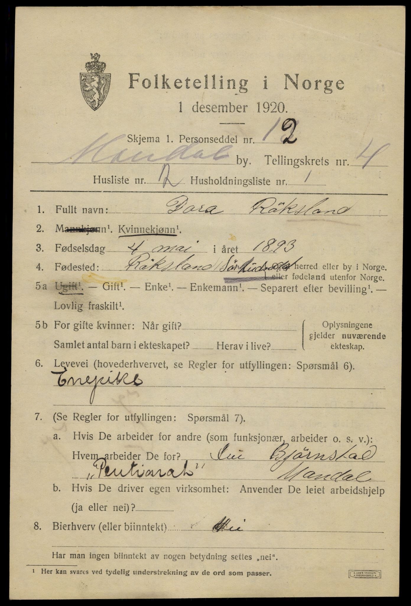 SAK, 1920 census for Mandal, 1920, p. 7047