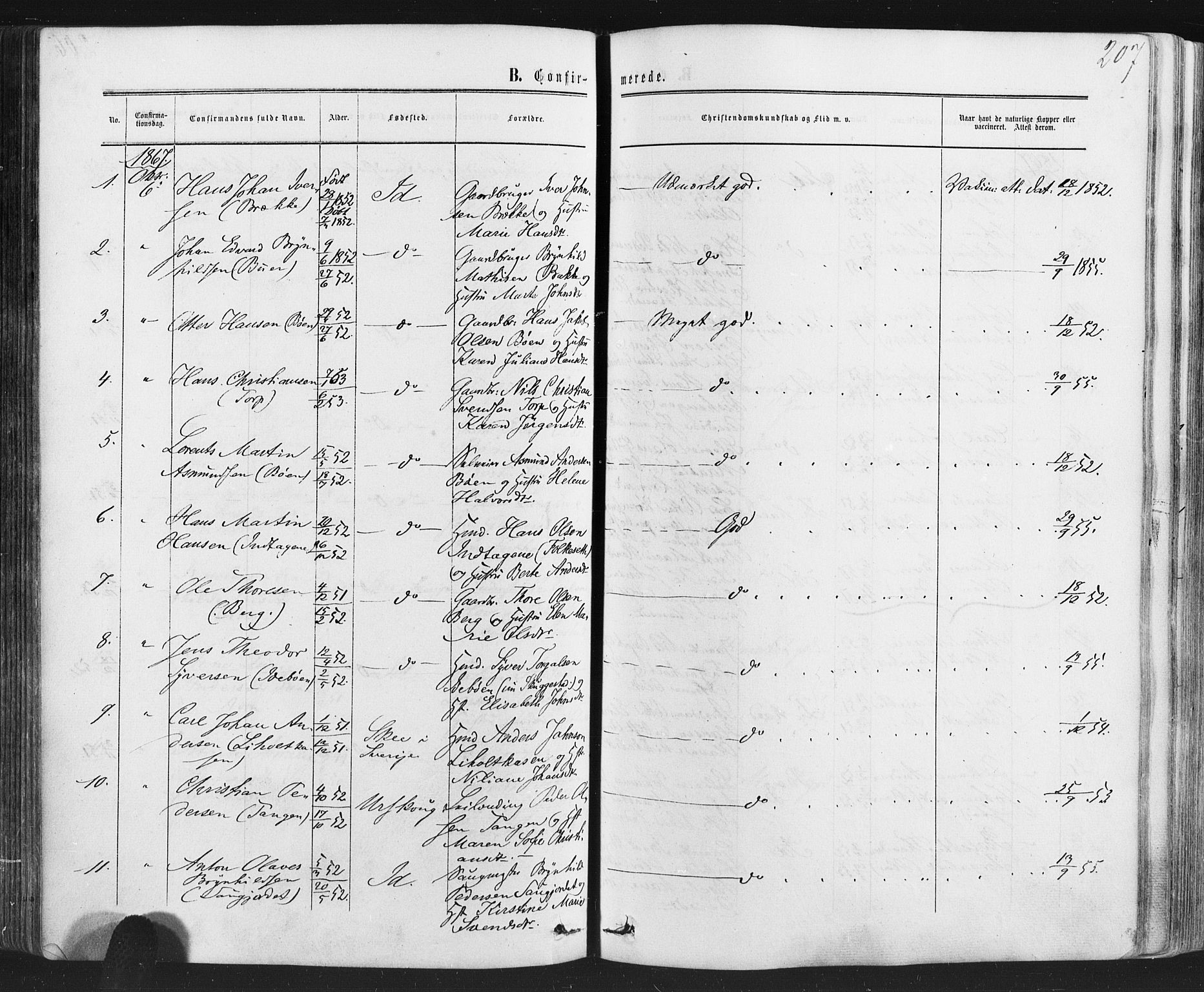 Idd prestekontor Kirkebøker, SAO/A-10911/F/Fc/L0005: Parish register (official) no. III 5, 1861-1877, p. 207