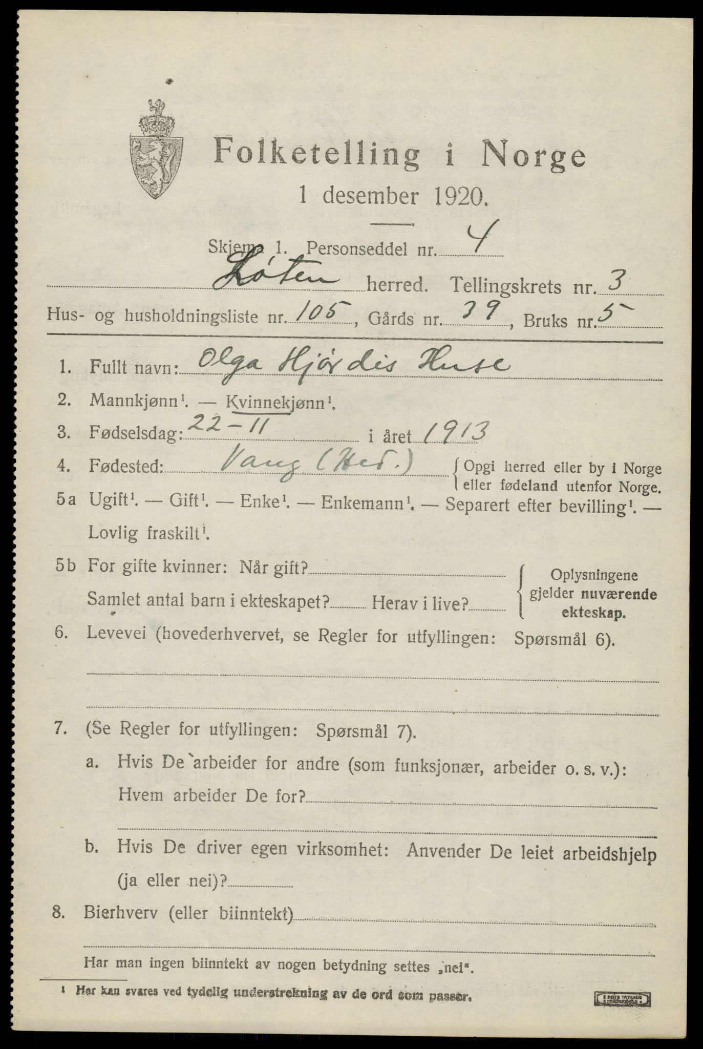 SAH, 1920 census for Løten, 1920, p. 8441