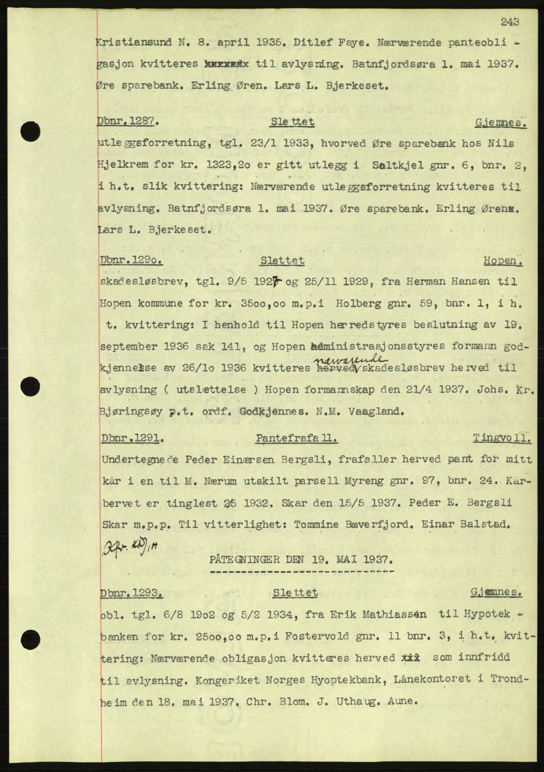 Nordmøre sorenskriveri, AV/SAT-A-4132/1/2/2Ca: Mortgage book no. C80, 1936-1939, Diary no: : 1287/1937