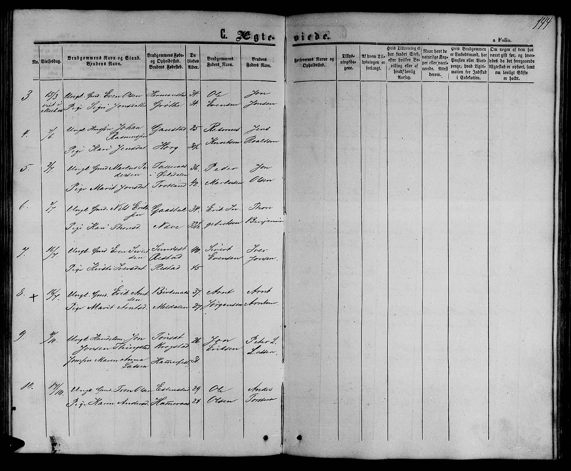 Ministerialprotokoller, klokkerbøker og fødselsregistre - Sør-Trøndelag, SAT/A-1456/694/L1131: Parish register (copy) no. 694C03, 1858-1886, p. 144