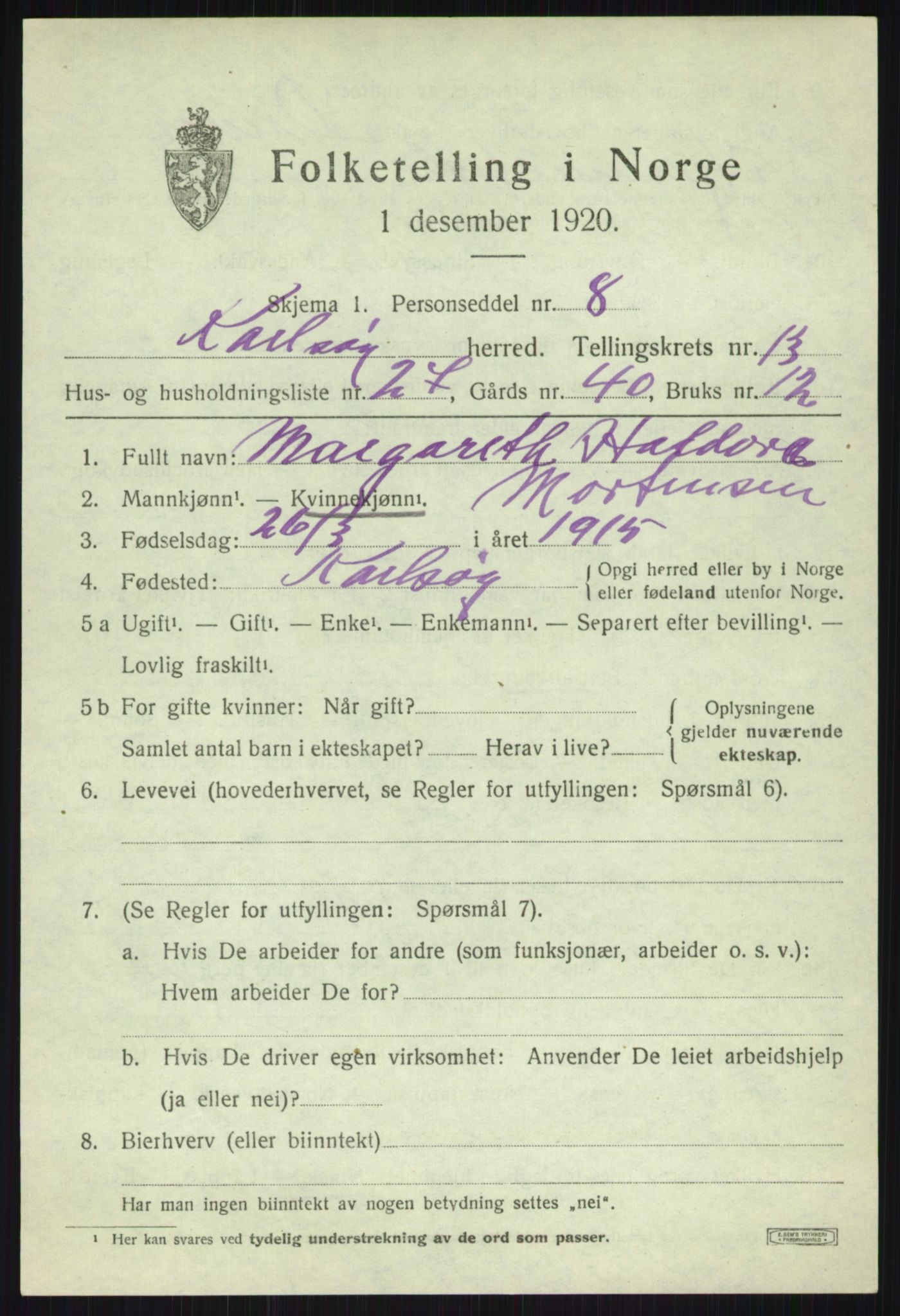 SATØ, 1920 census for Karlsøy, 1920, p. 5016
