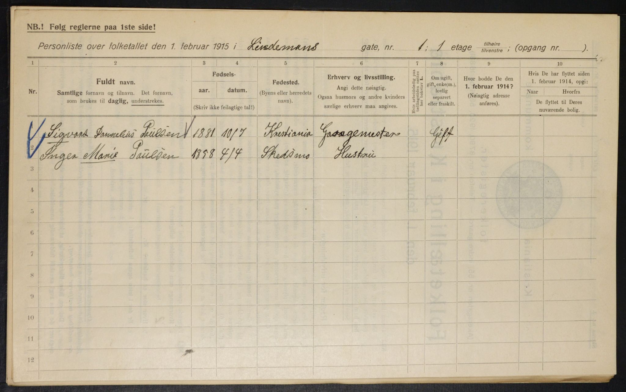 OBA, Municipal Census 1915 for Kristiania, 1915, p. 57108